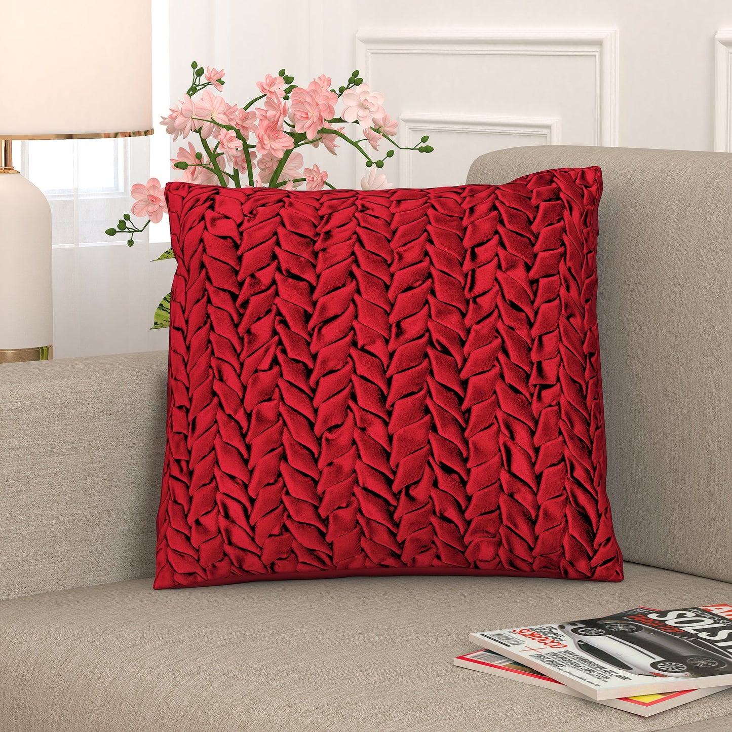 Red Smocked Velvet Polyster SPLENDORA CUSHION COVER