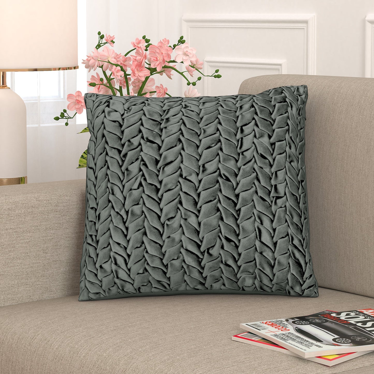 Grey Smocked Velvet Polyster SPLENDORA CUSHION COVER
