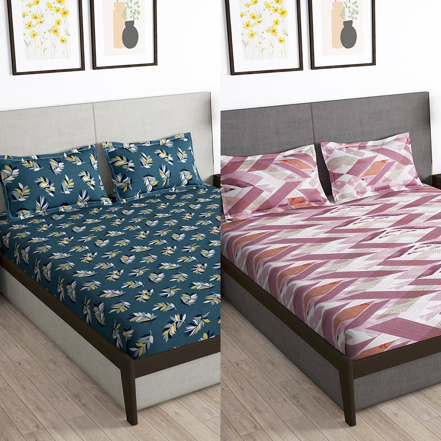 Story@Home 2 Pcs Arena Microfiber Double Bedsheets Combo With 4 Pillow Covers - Blue & Mauve