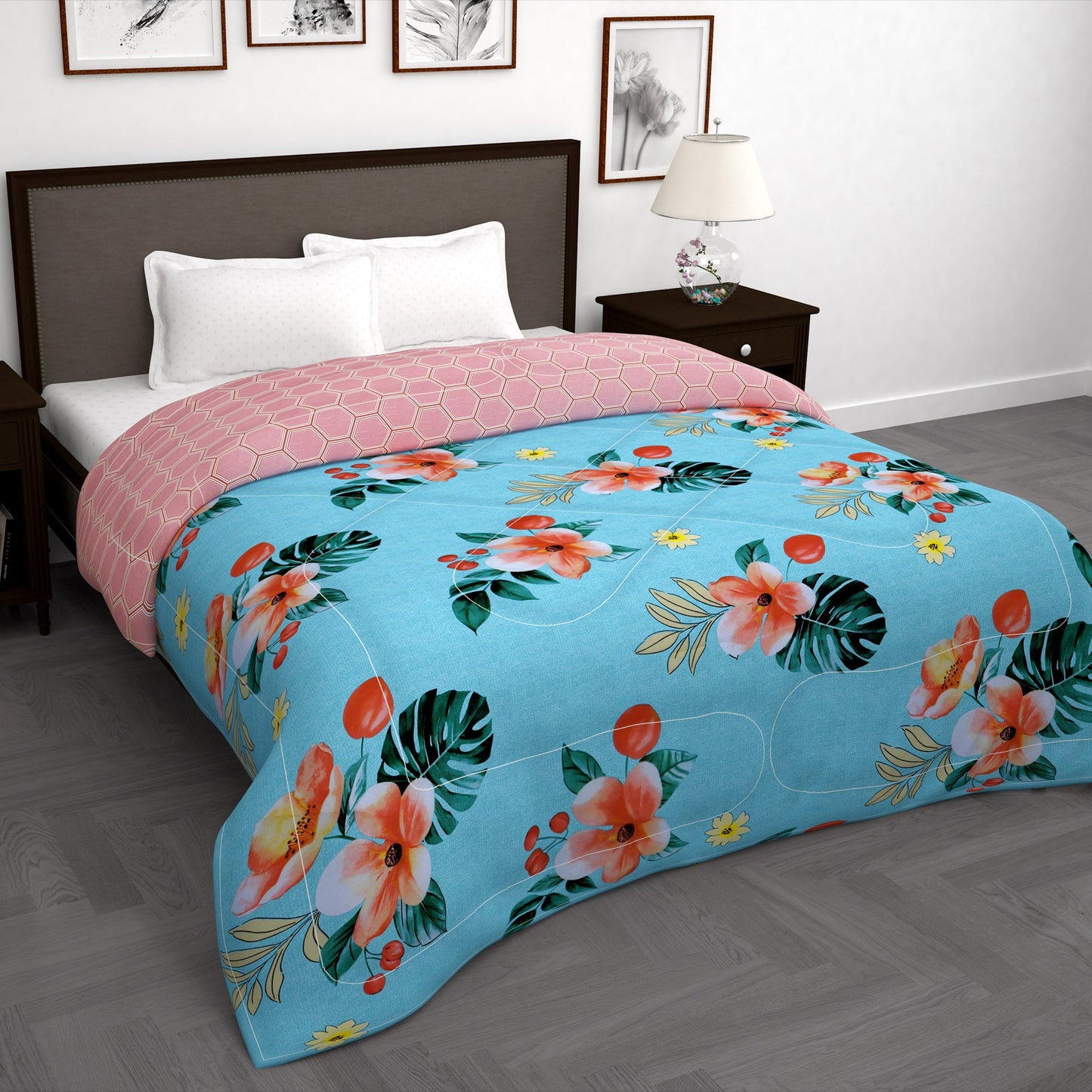 180 GSM Sky Blue Floral Microfiber Fusion Reversible Double Comforter