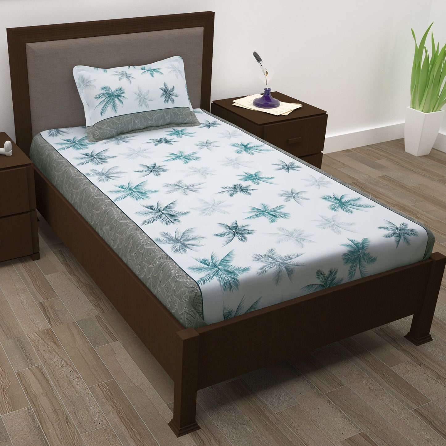 Sparkle 144 TC 100% Cotton White & Teal Single Bedsheet Combo | Set of 2 |