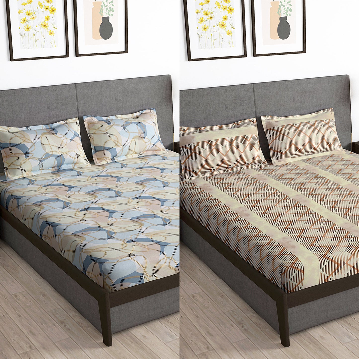 Story@Home 2 Pcs Arena Microfiber Double Bedsheets Combo With 4 Pillow Covers - Cream & Brown
