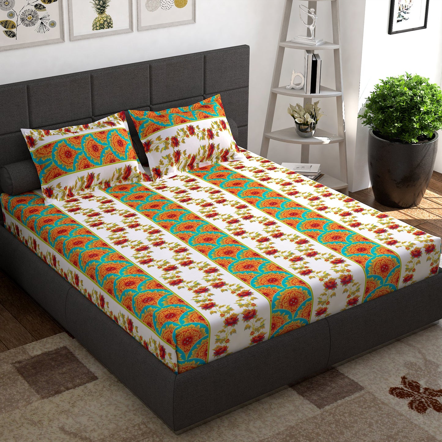 Ventura 144 TC White Floral Double Bedsheet