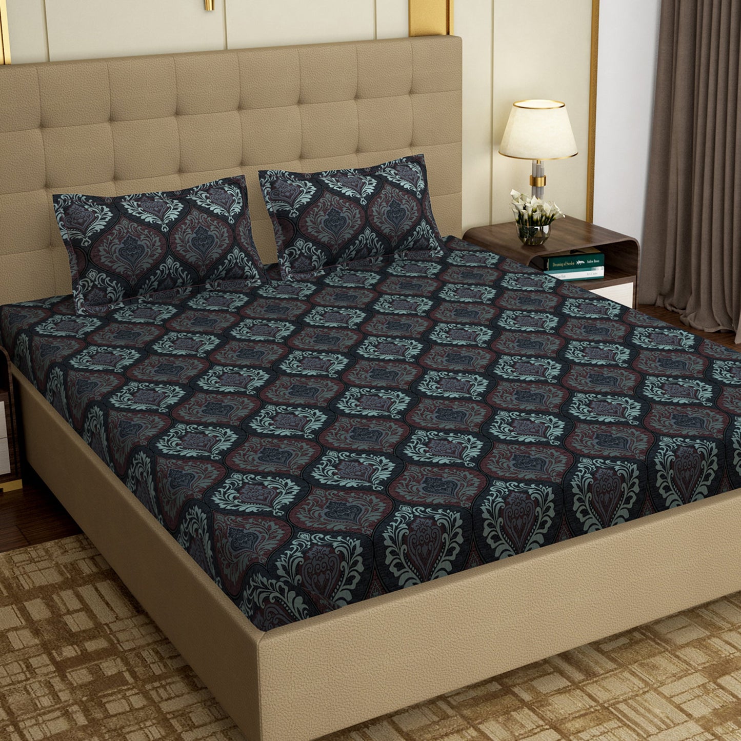 MOLLIS HOMES SUPER KING SIZE BEDSHEET - Damask Victor Pattern, Blue & Brown