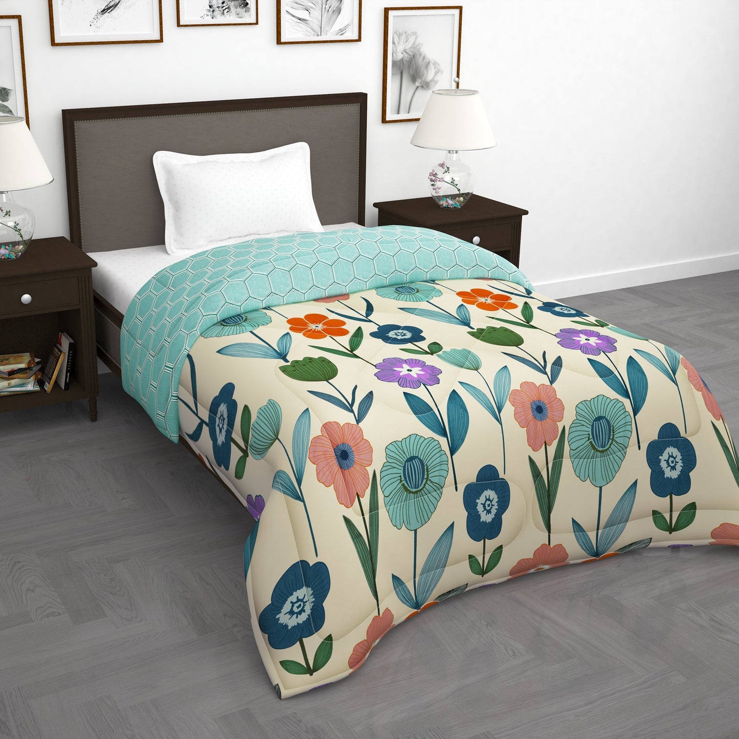 180 GSM Cream Floral Microfiber Fusion Reversible Single Comforter