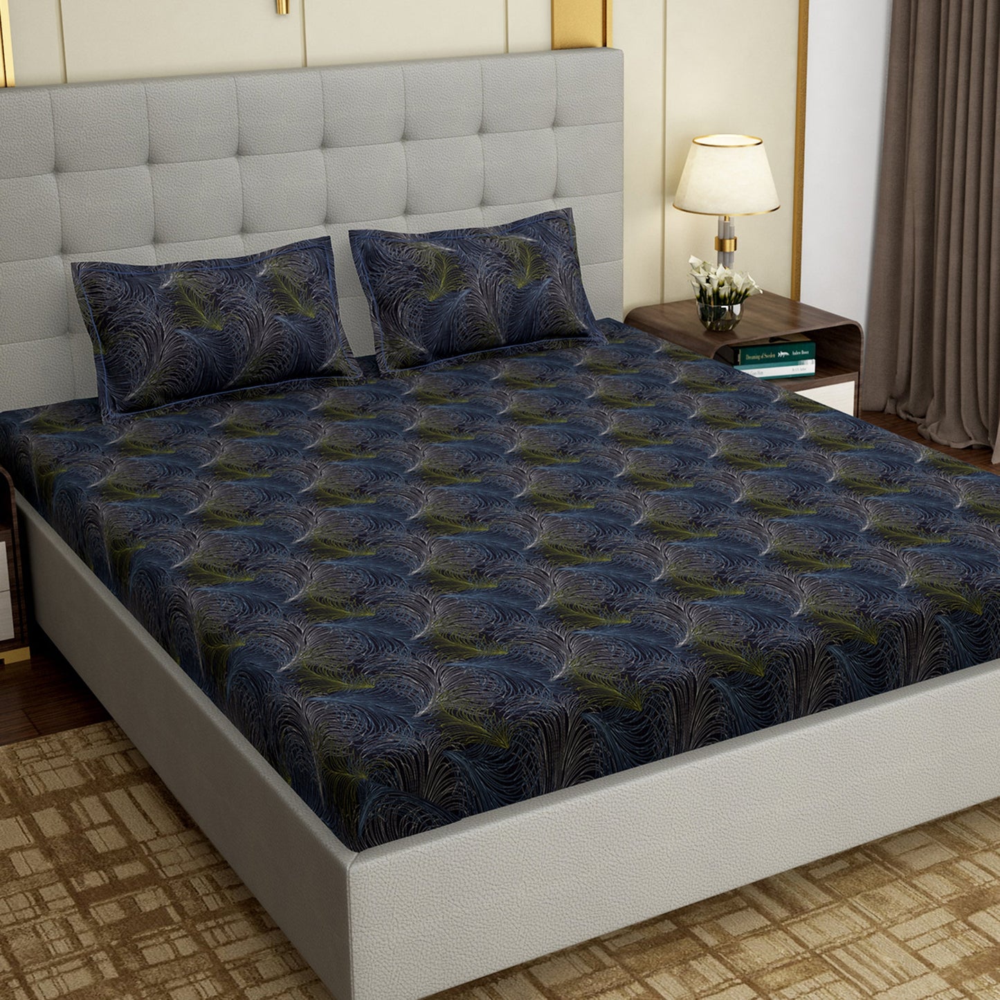 MOLLIS HOMES SUPER KING SIZE BEDSHEET - Navy Blue, Seamless Feather Pattern