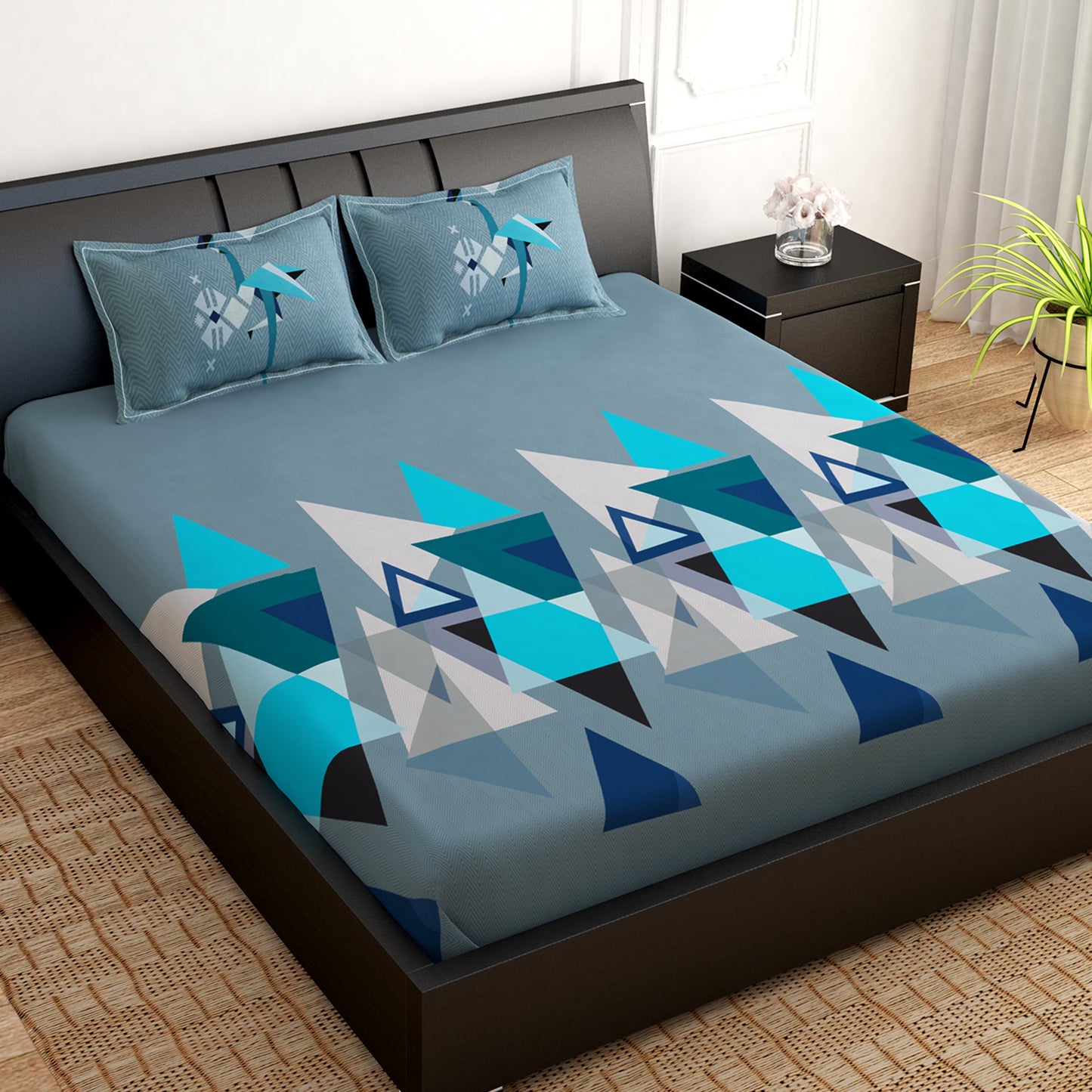 Artini Collection Geometric Pattern King Size Bedsheet - Blue