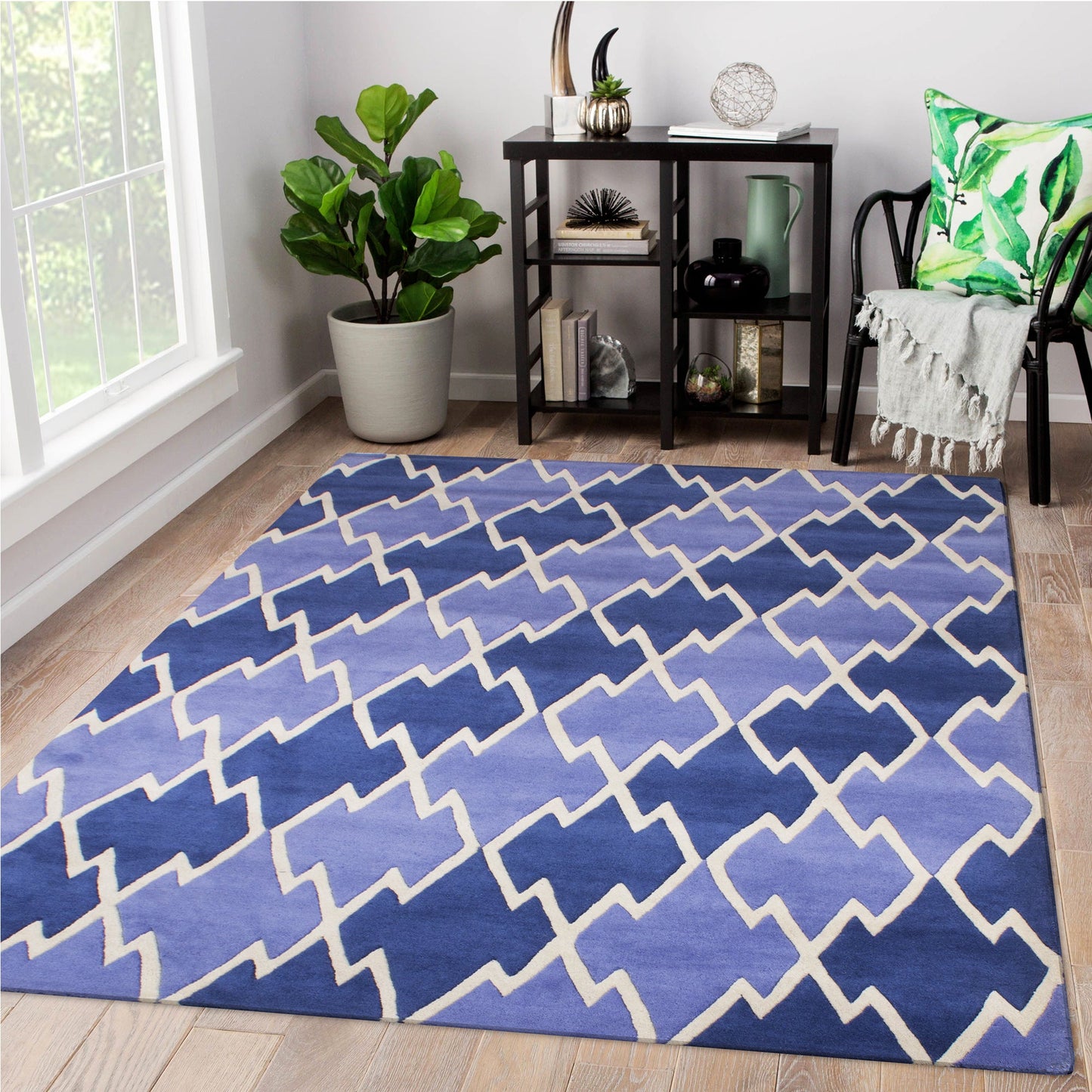Blue Woolen Handmade Abstract Bhadohi Carpet