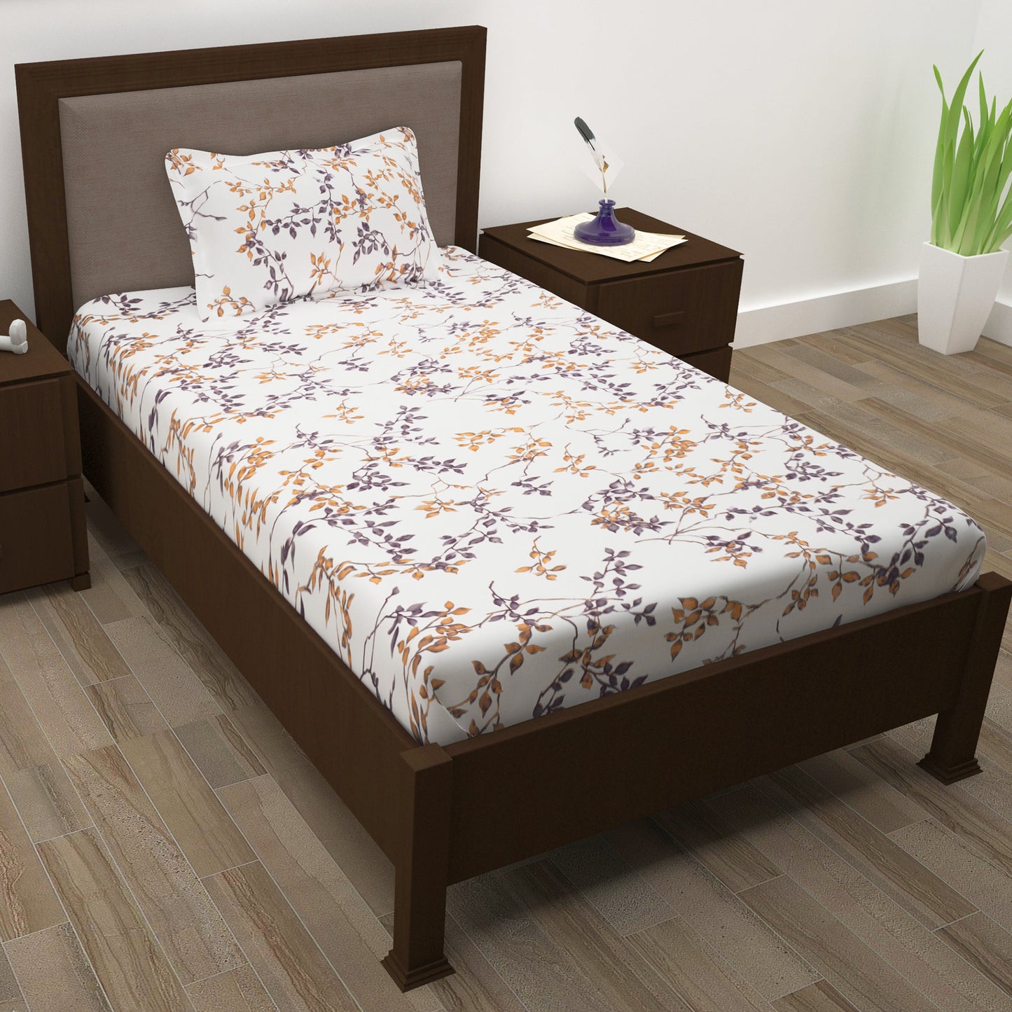 Sparkle 144 TC 100% Cotton White & Brown Single Bedsheet Combo | Set of 2 |