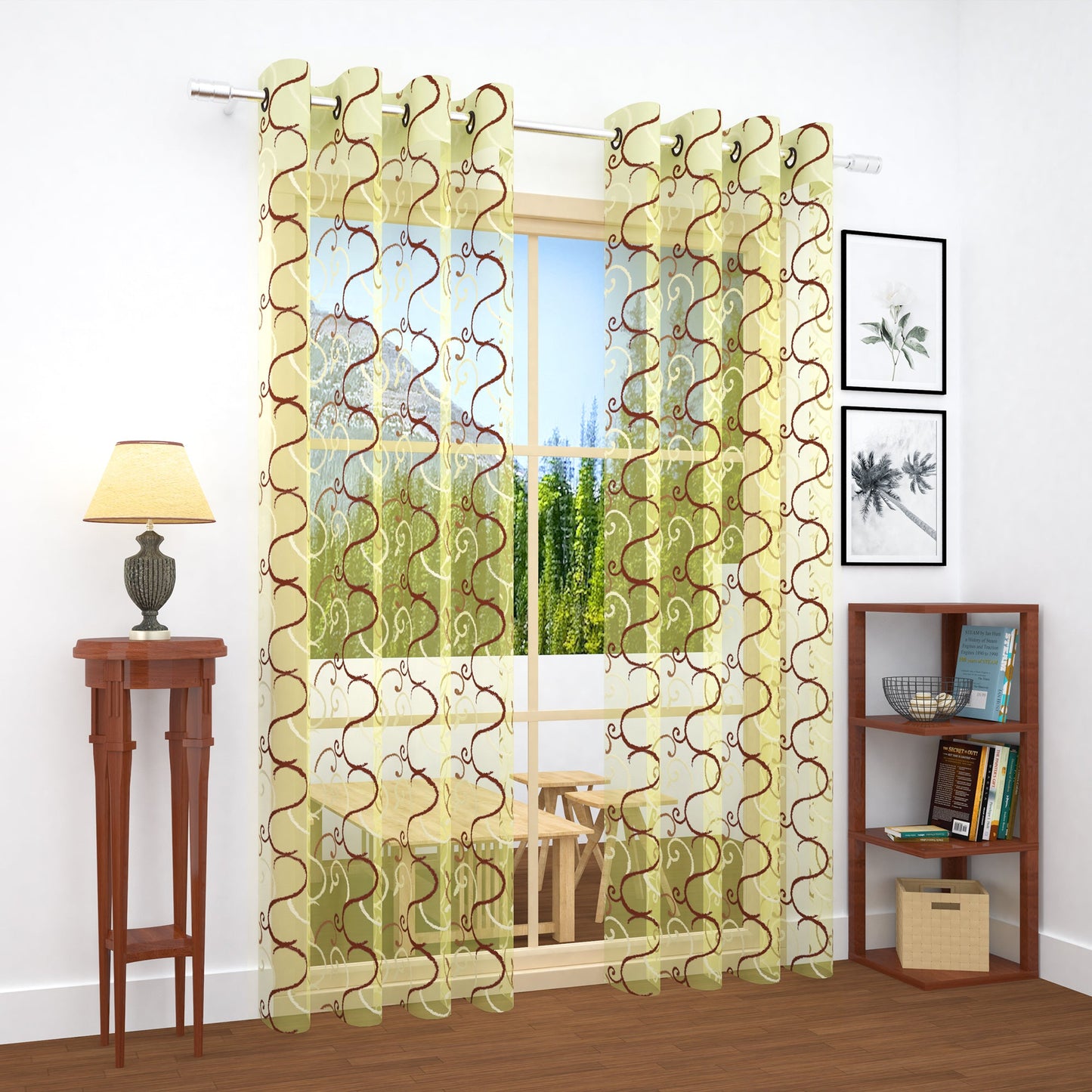 2 Pcs Beige & Coffee Brown Imagica Sheer Door Curtain, 7 ft