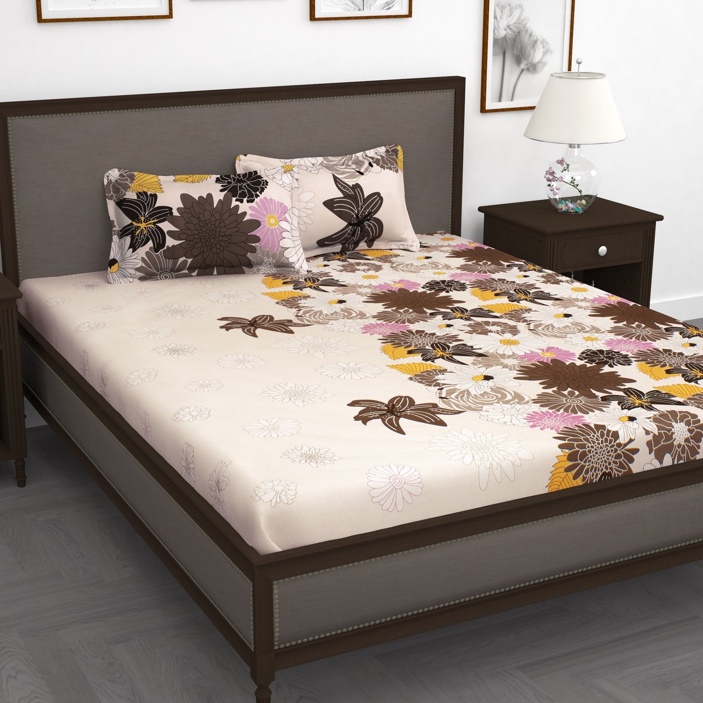 210 TC Light Pink Floral 1 King Size Bedsheet With 2 Pillow Cover