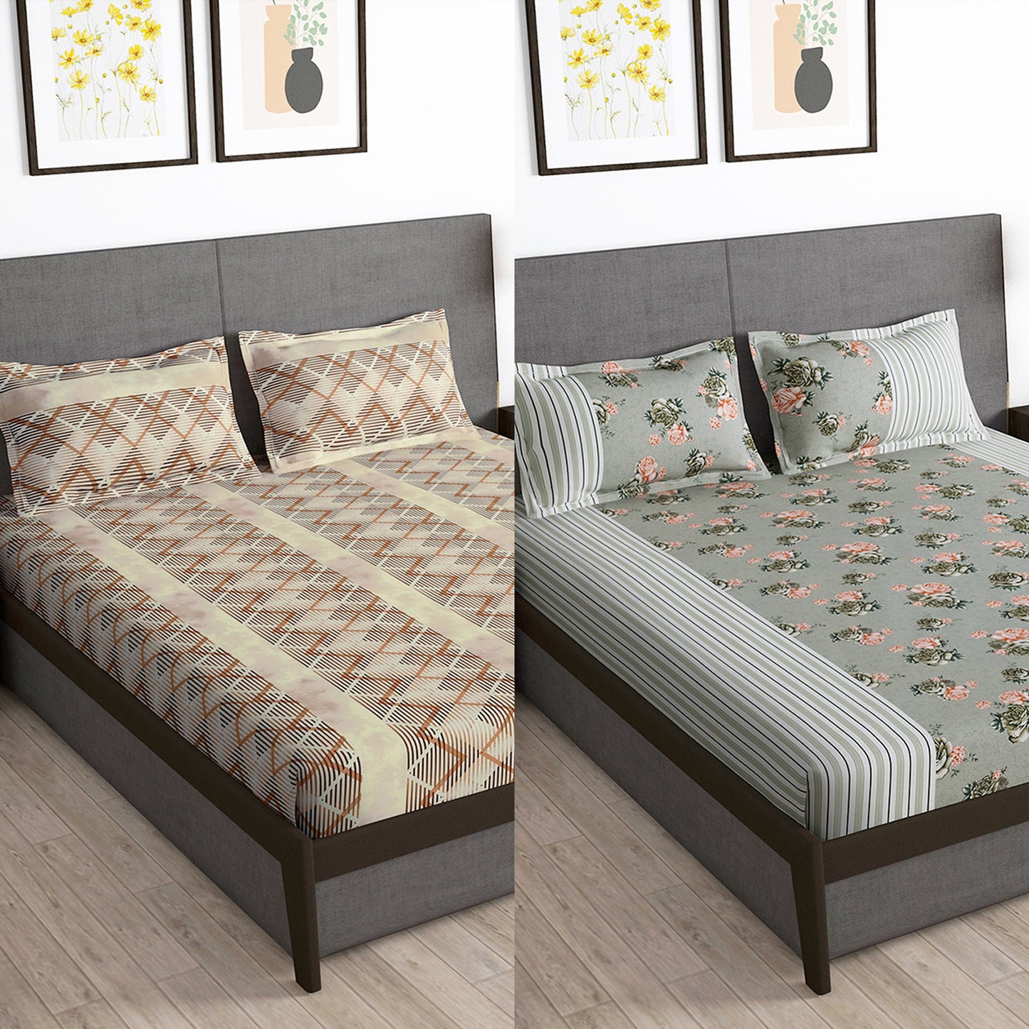 Story@Home 2 Pcs Arena Microfiber Double Bedsheets Combo With 4 Pillow Covers - Brown & Grey