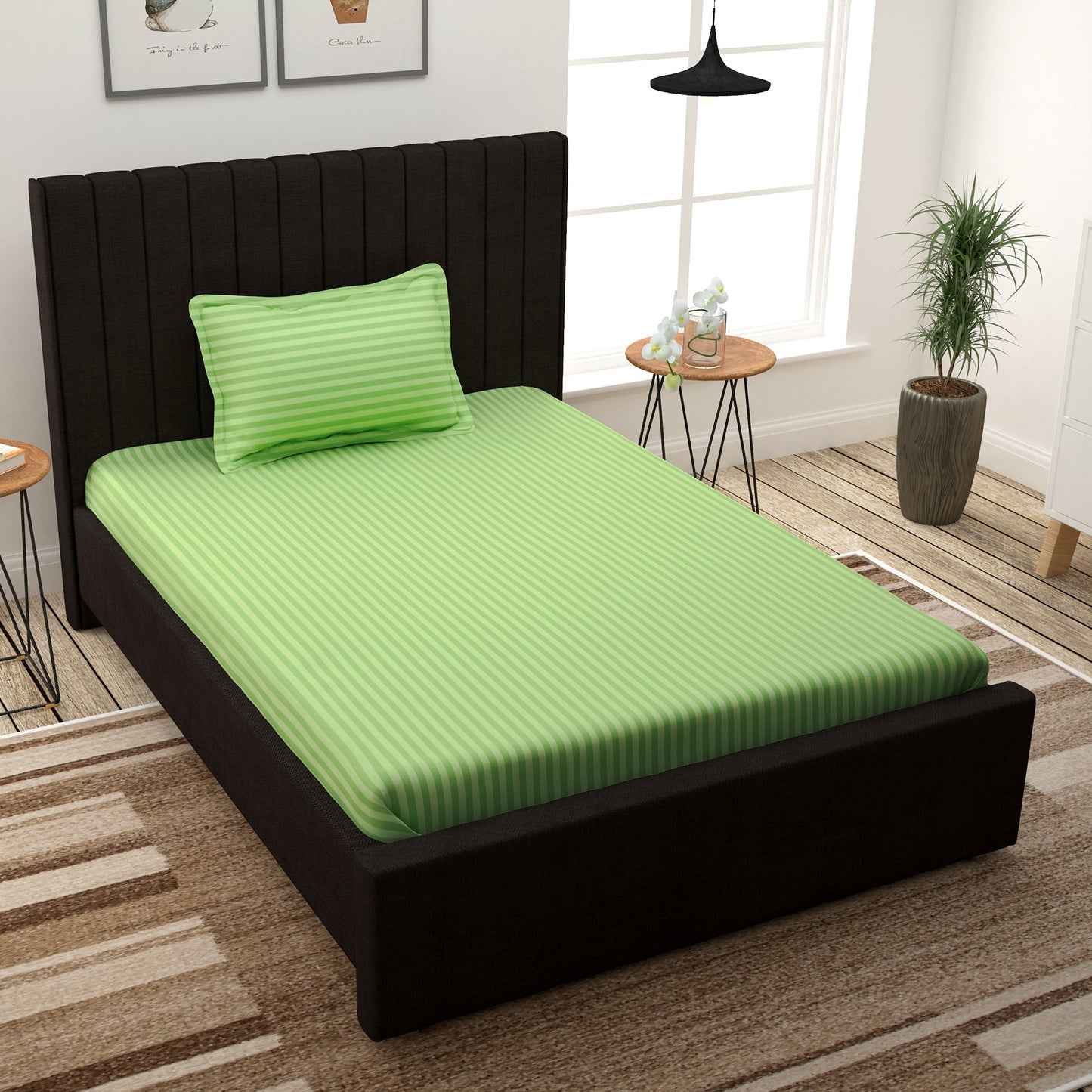 Avalon 300 TC 100% Cotton Light Green Satin Stripes Single Size Bedsheet
