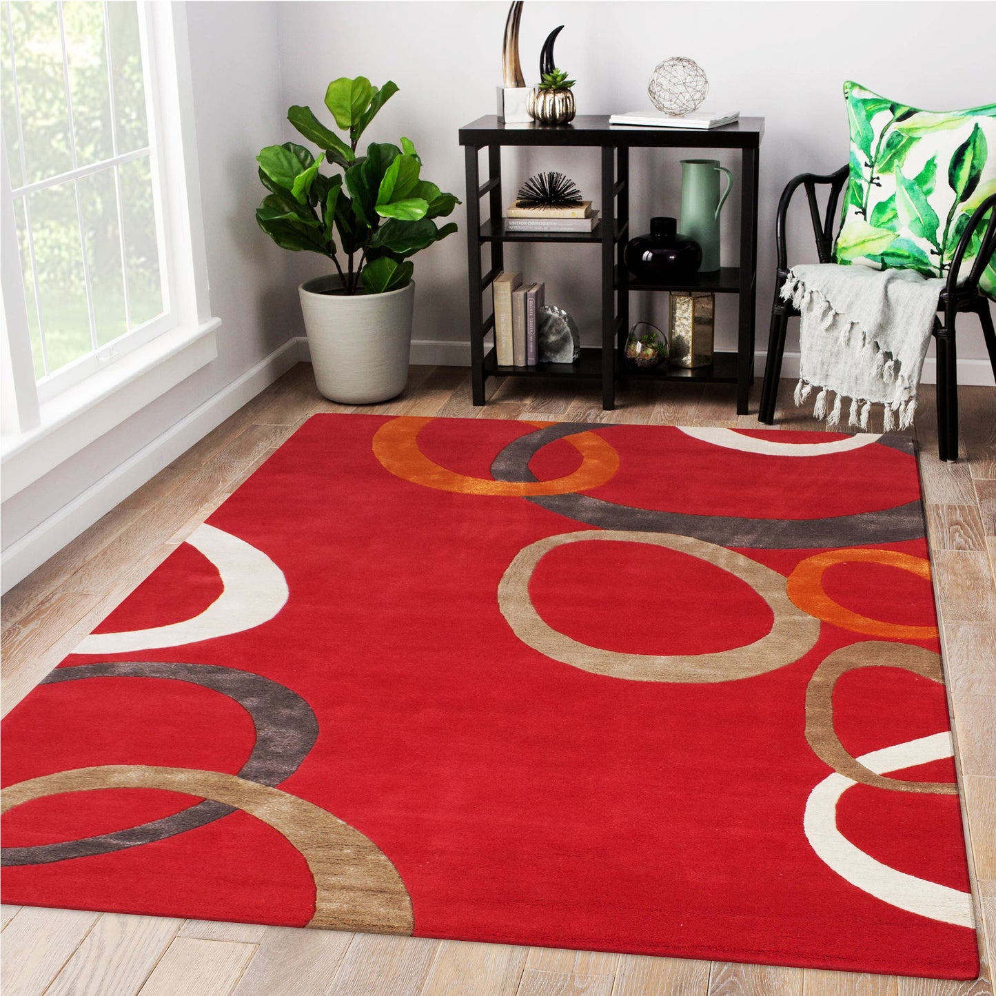 Red Woolen Handmade Abstract Bhadohi Carpet