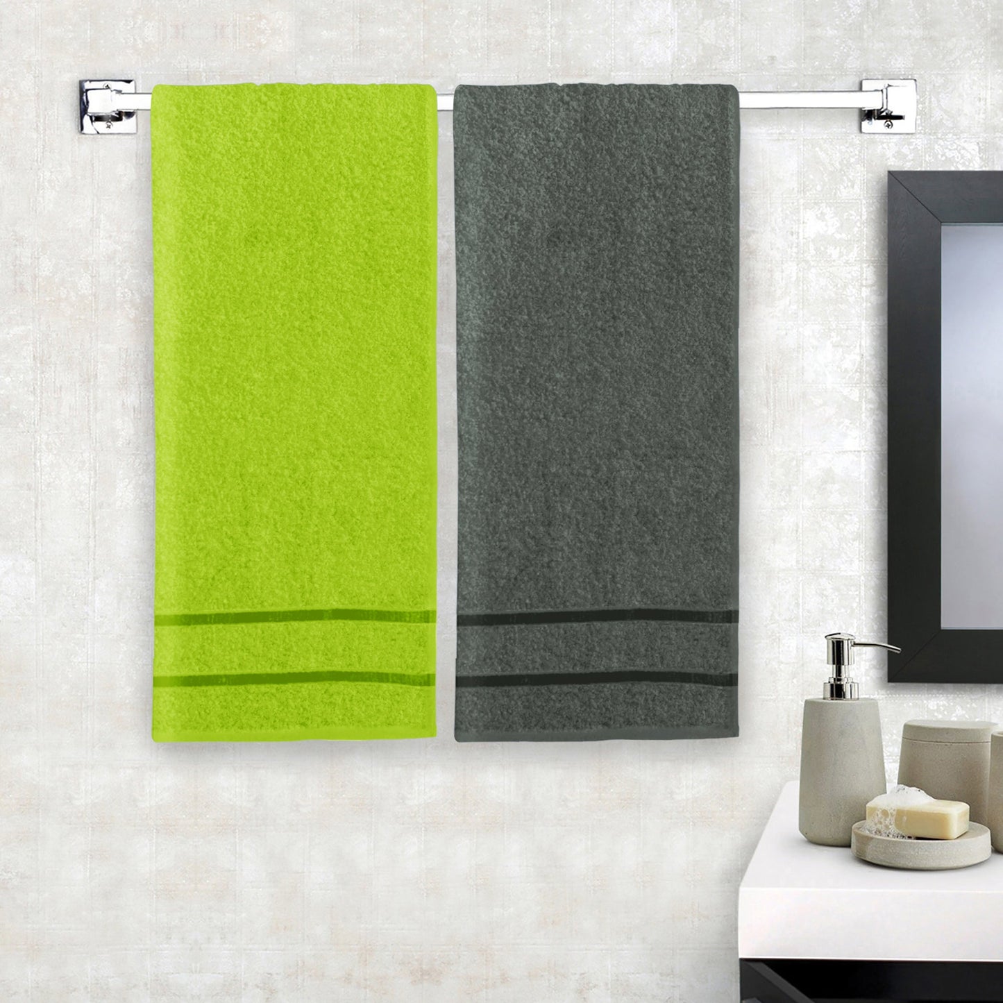 Story@Home 2 Units 100% Cotton Ladies Bath Towels - Green and Charcoal Grey