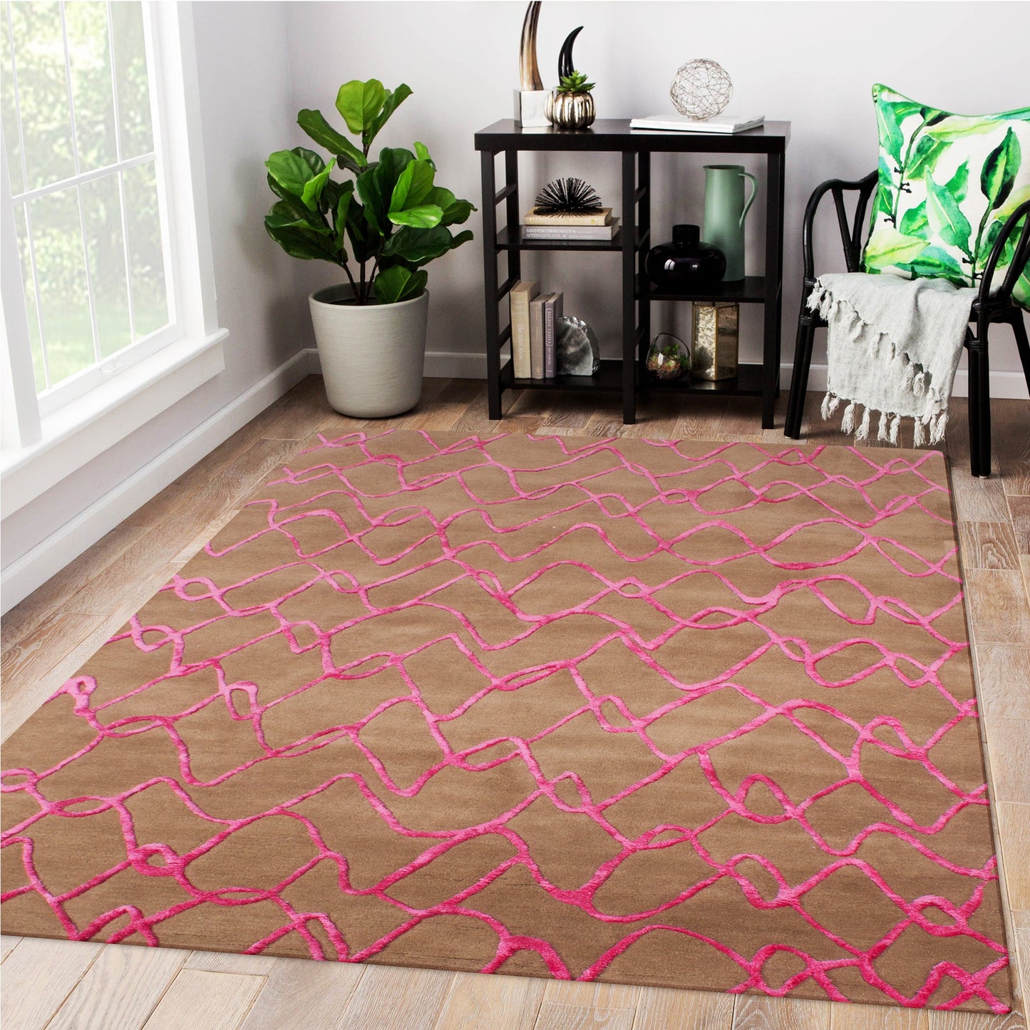 Brown Woolen Handmade Abstract Bhadohi Carpet