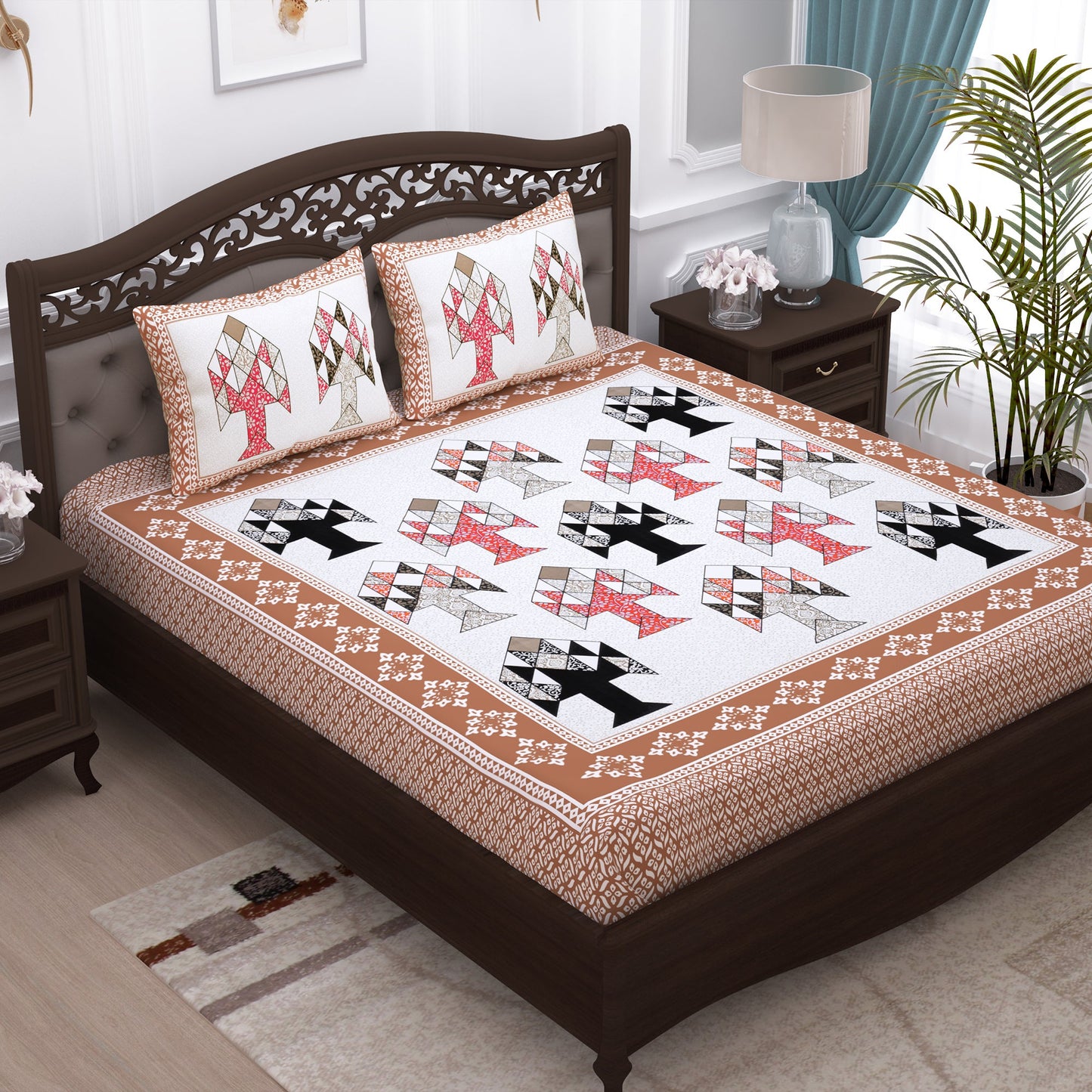 Pandora 152 TC 100 % Cotton White and Light Brown Floral Double King Size Bedsheet