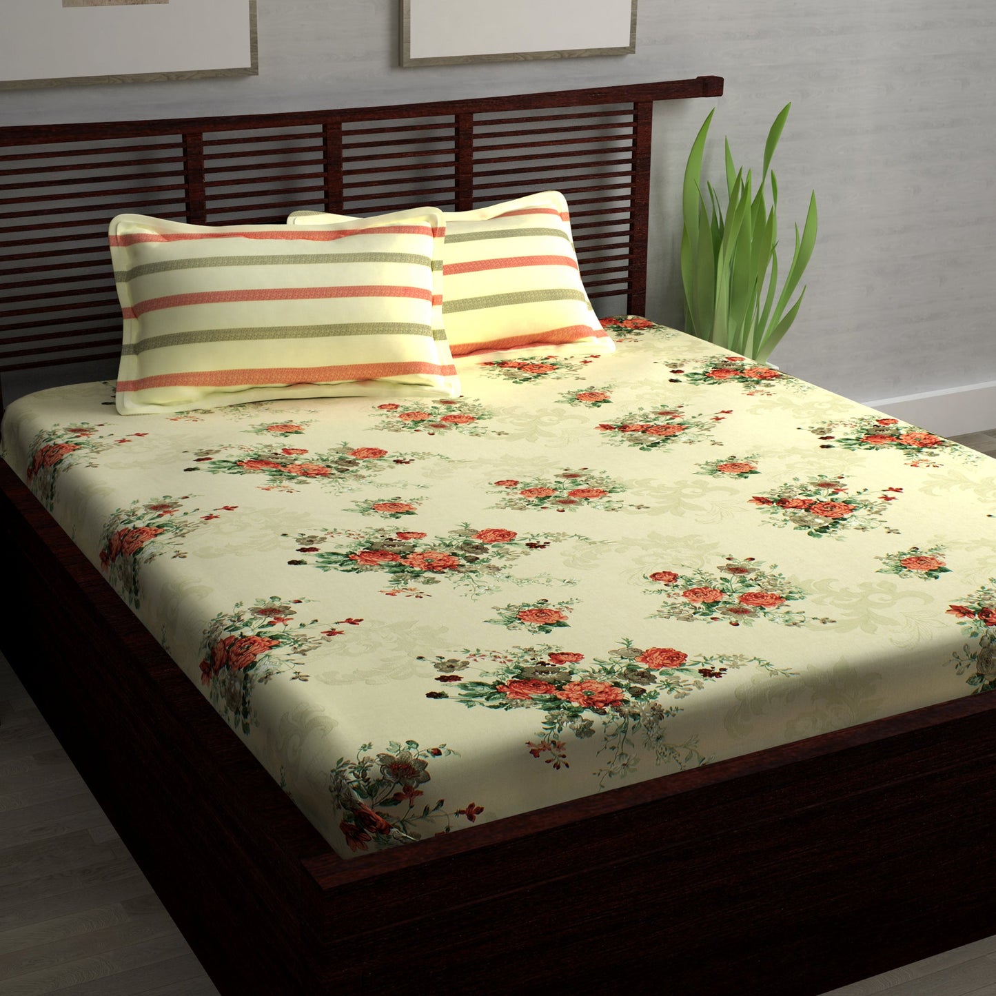 Metro Cotton Double Bedsheets Combo - 186 TC- Grey and Cream/Orange - Floral