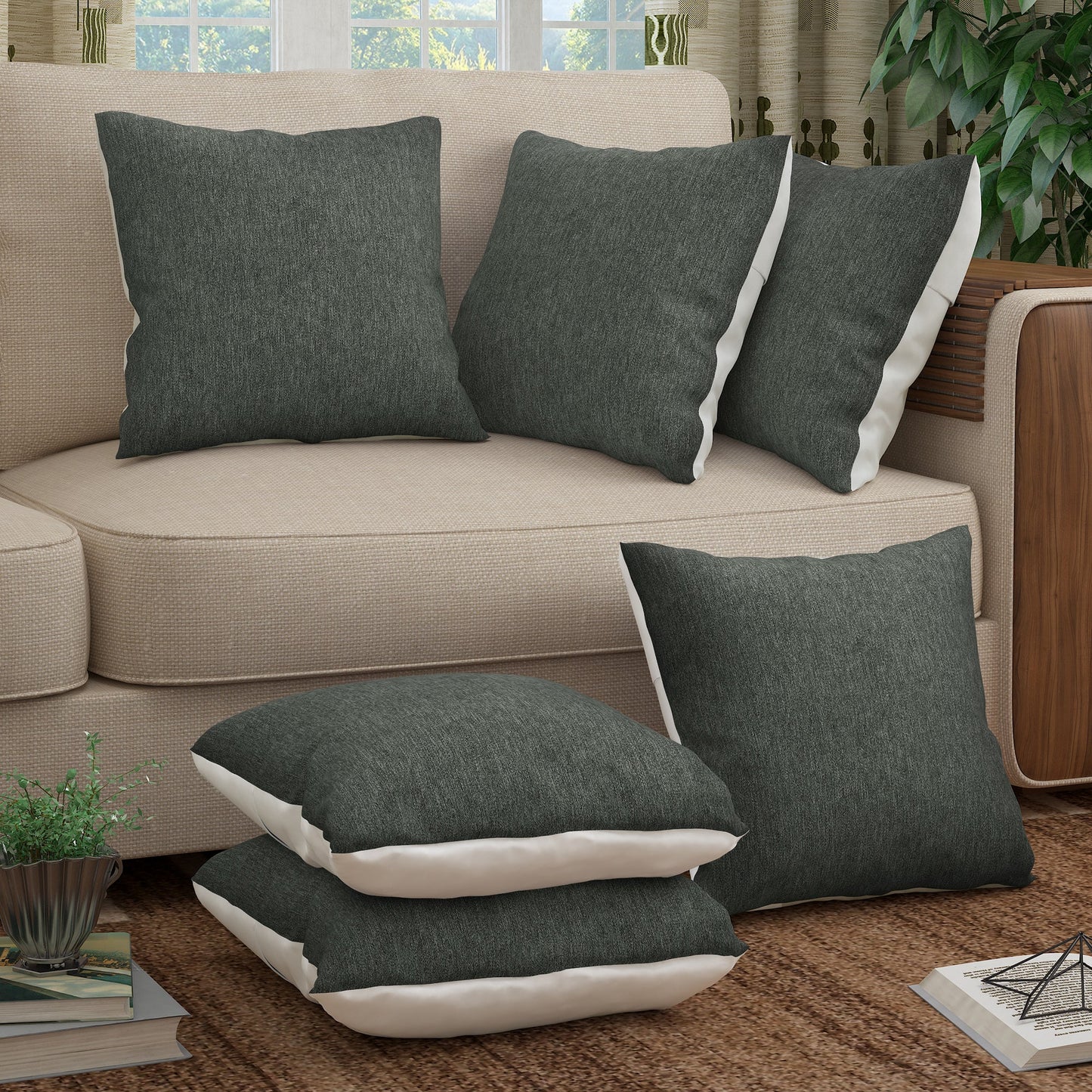 Story@Home Metal Grey Plain Polyester 6 pcs of Alegra Cushion Covers
