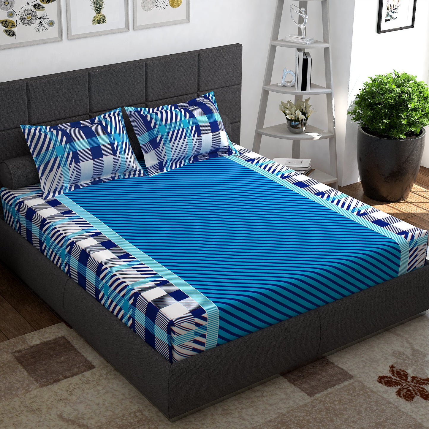 Ventura 144 TC 100% Cotton Blue Double Bedsheet