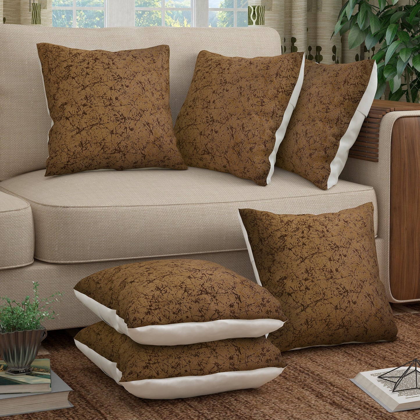 Story@Home Brick Brown Criss Cross Grunge Polyester 6 pcs of Alegra Cushion Covers