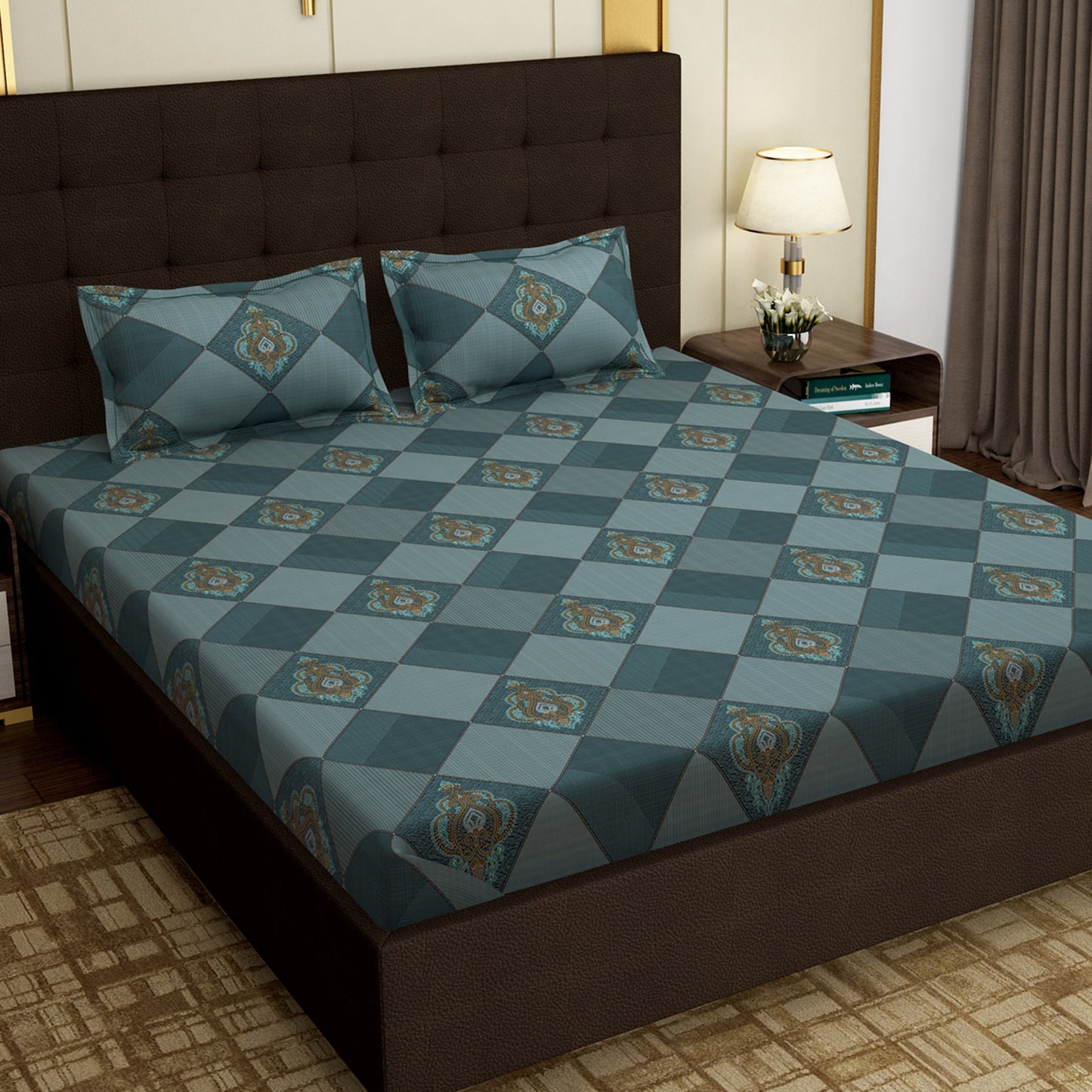 MOLLIS HOMES SUPER KING SIZE BEDSHEET - Motif Damask Pattern, Blue