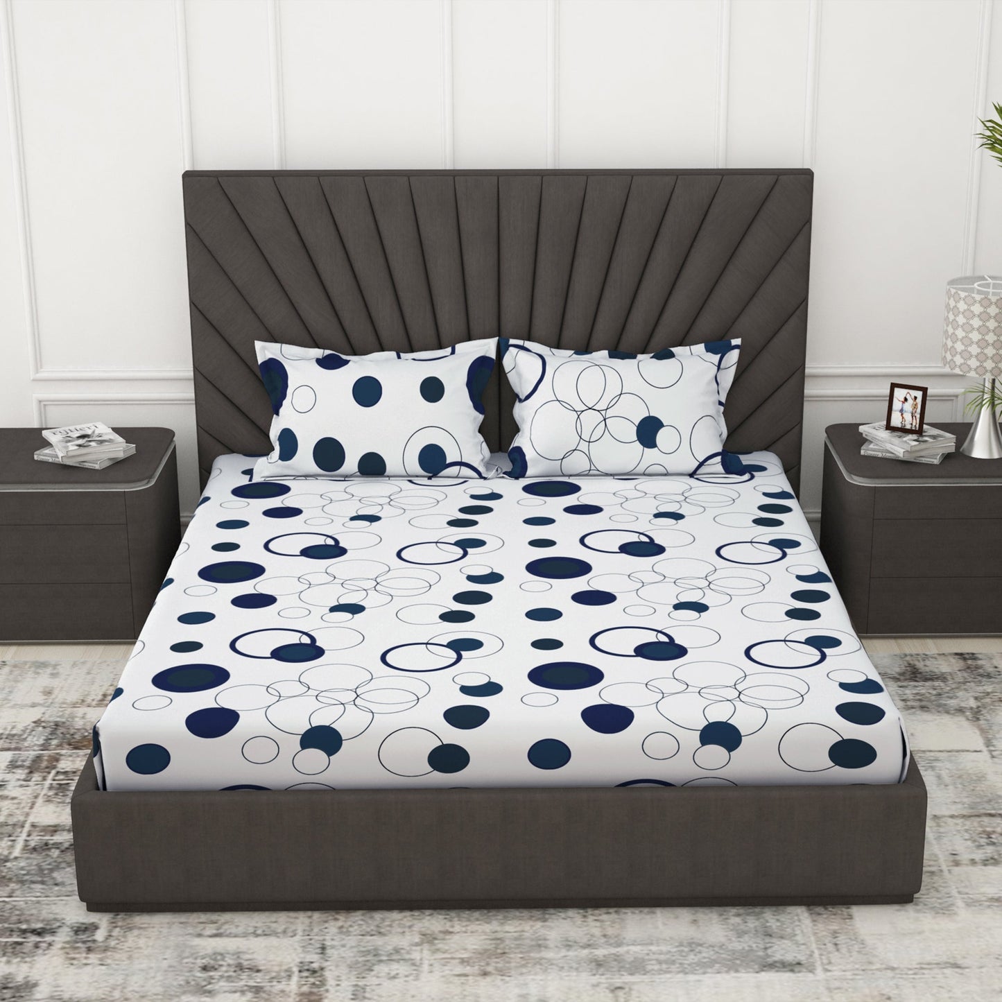 Metro 186 TC 100% Cotton White and Blue Double Bedsheet
