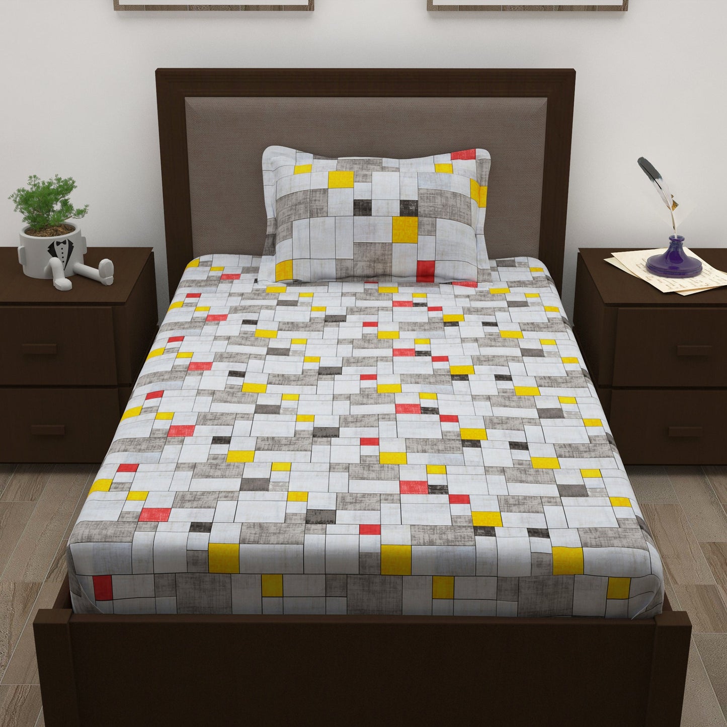 Sparkle 144 TC 100% Cotton White & Grey Single Bedsheet Combo | Set of 2 |