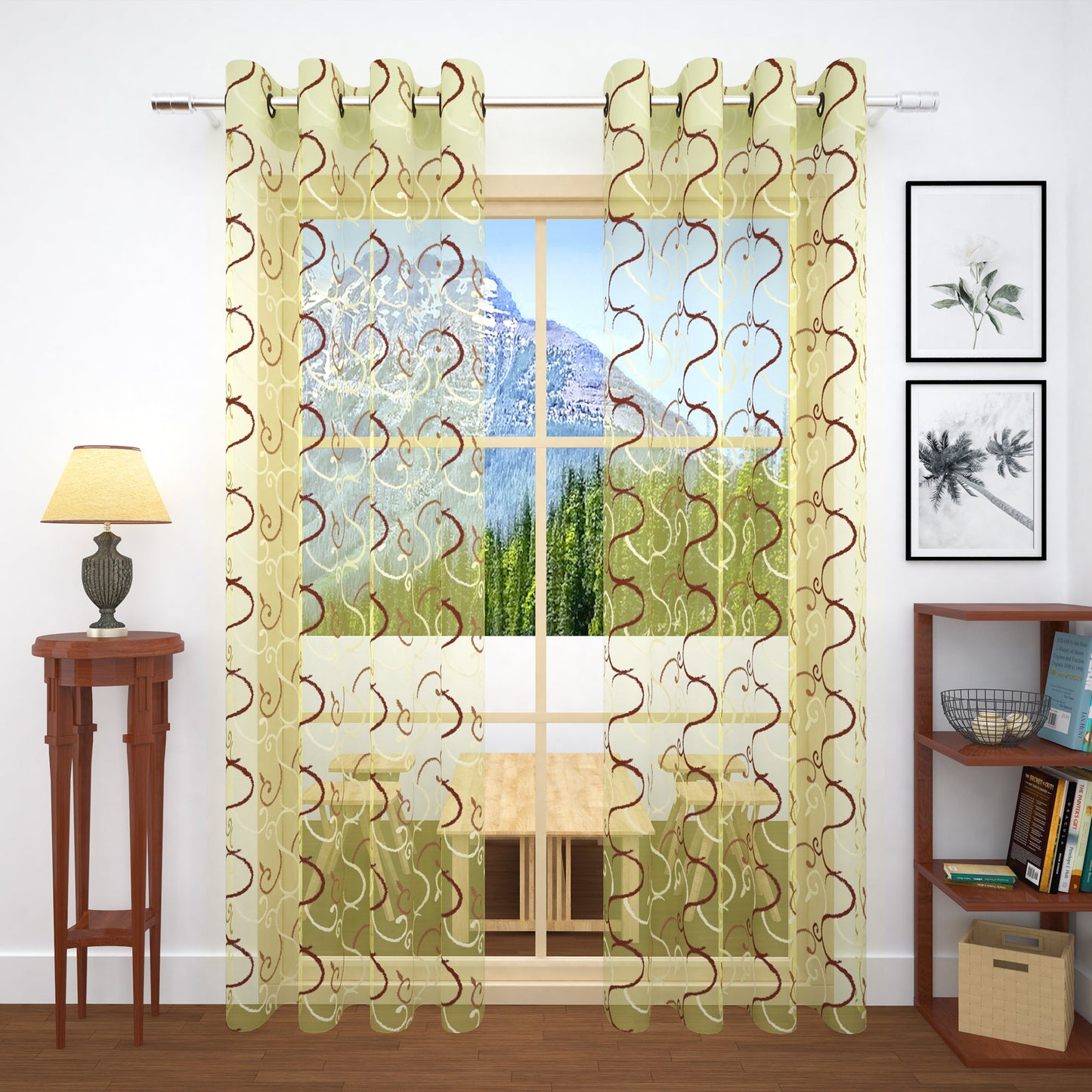 2 Pcs Beige & Coffee Brown Imagica Sheer Door Curtain, 7 ft