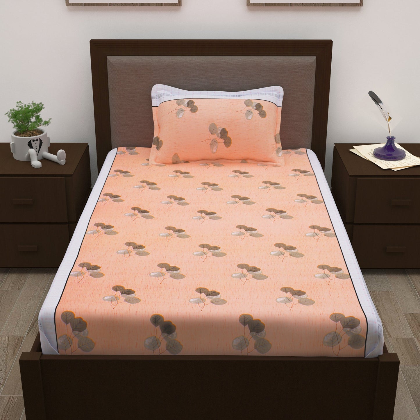 Sparkle 144 TC 100% Cotton Peach & Brown Single Bedsheet Combo | Set of 2 |