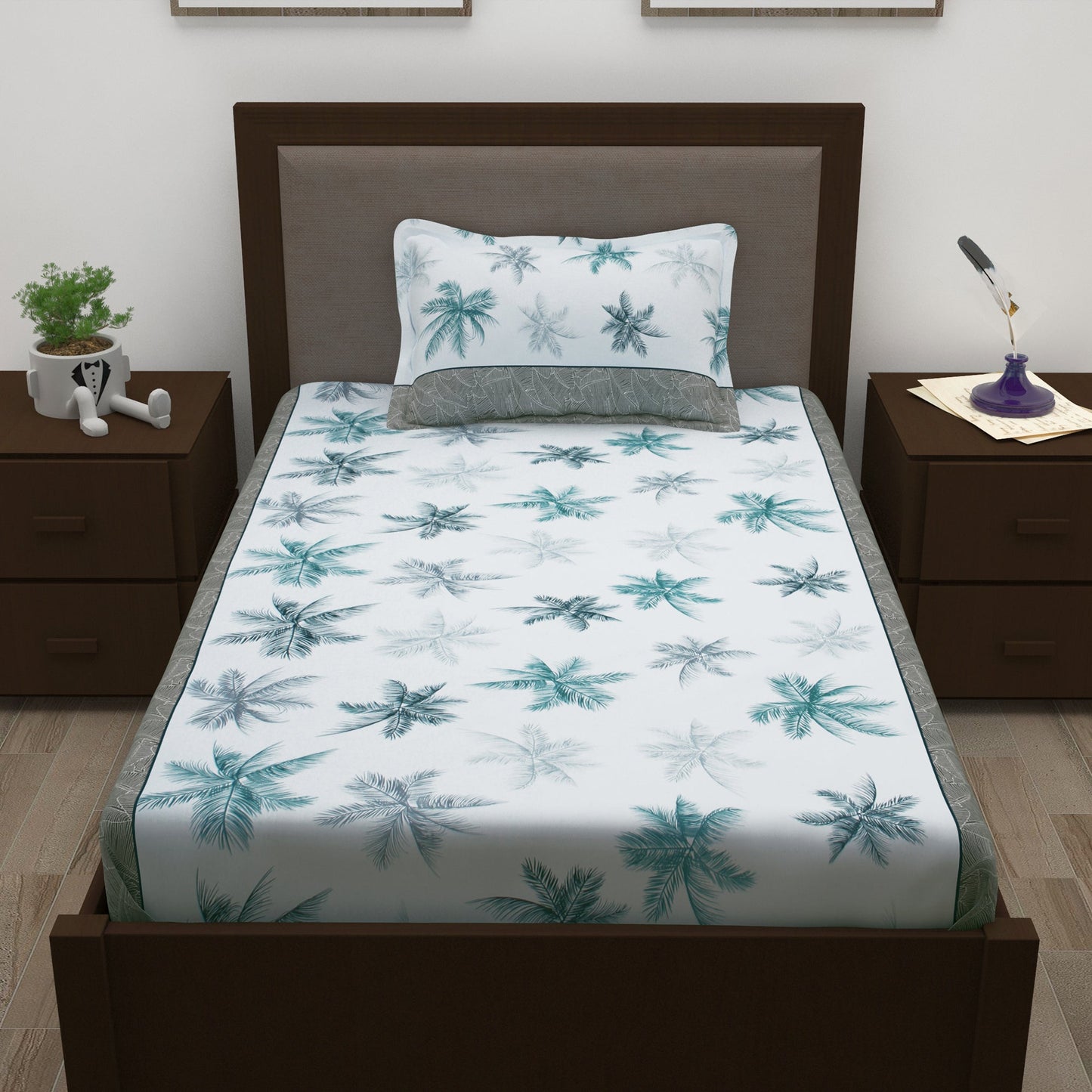 Sparkle 144 TC 100% Cotton White & Teal Single Bedsheet Combo | Set of 2 |