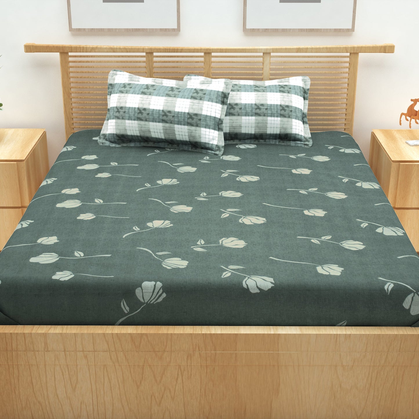 Metro Cotton Double Bedsheets Combo - 186 TC- Grey/Yellow and Grey - Floral