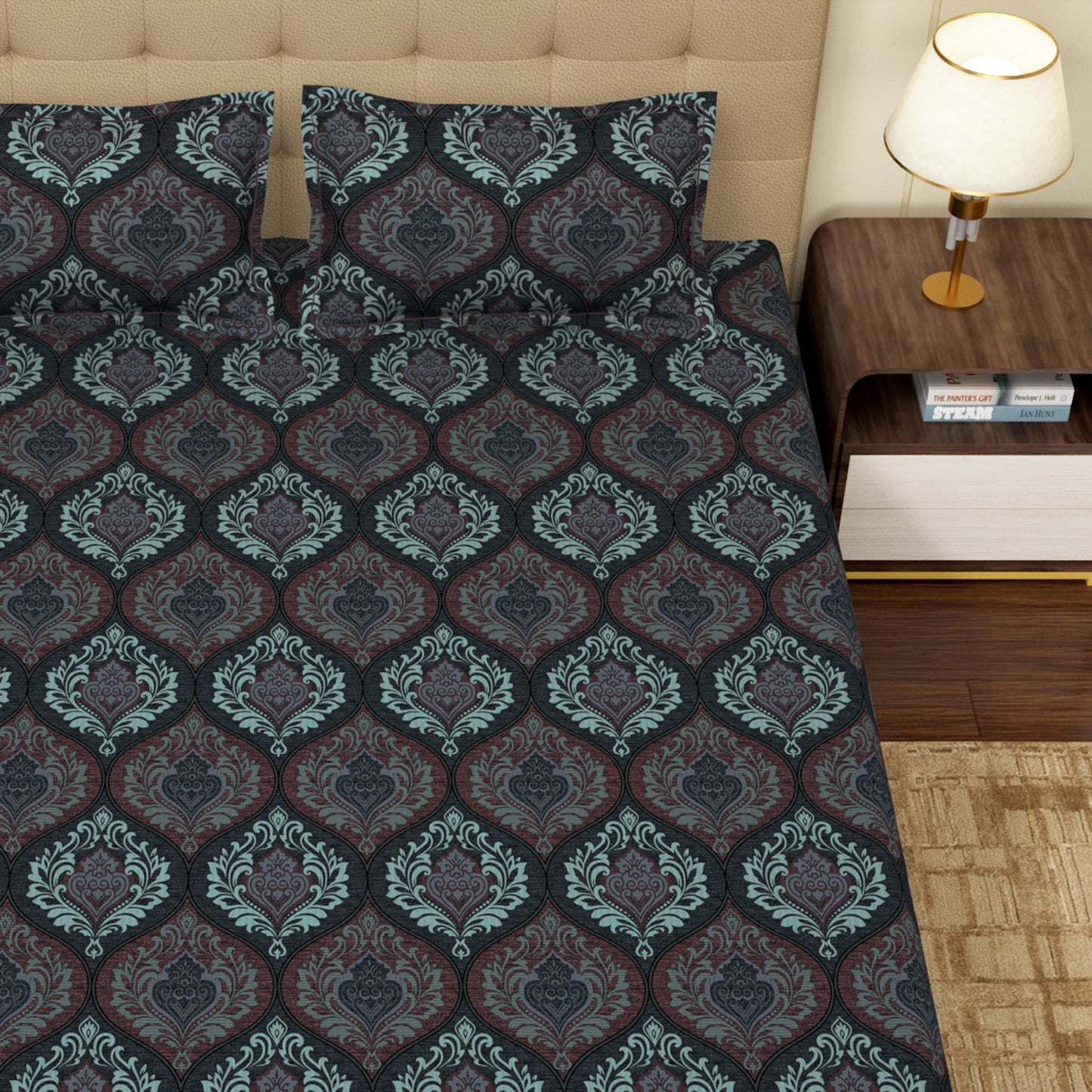 MOLLIS HOMES SUPER KING SIZE BEDSHEET - Damask Victor Pattern, Blue & Brown