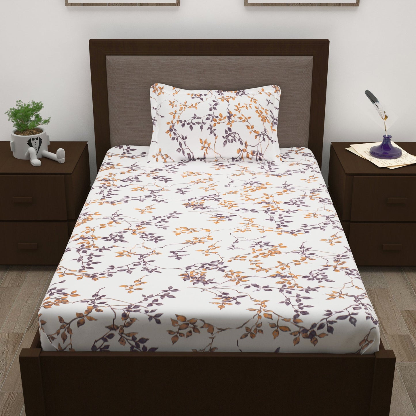 Sparkle 144 TC 100% Cotton White & Brown Single Bedsheet Combo | Set of 2 |
