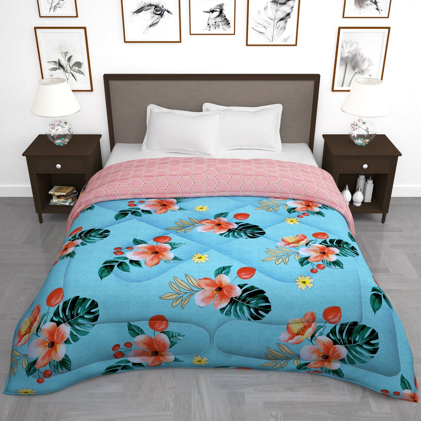 180 GSM Sky Blue Floral Microfiber Fusion Reversible Double Comforter