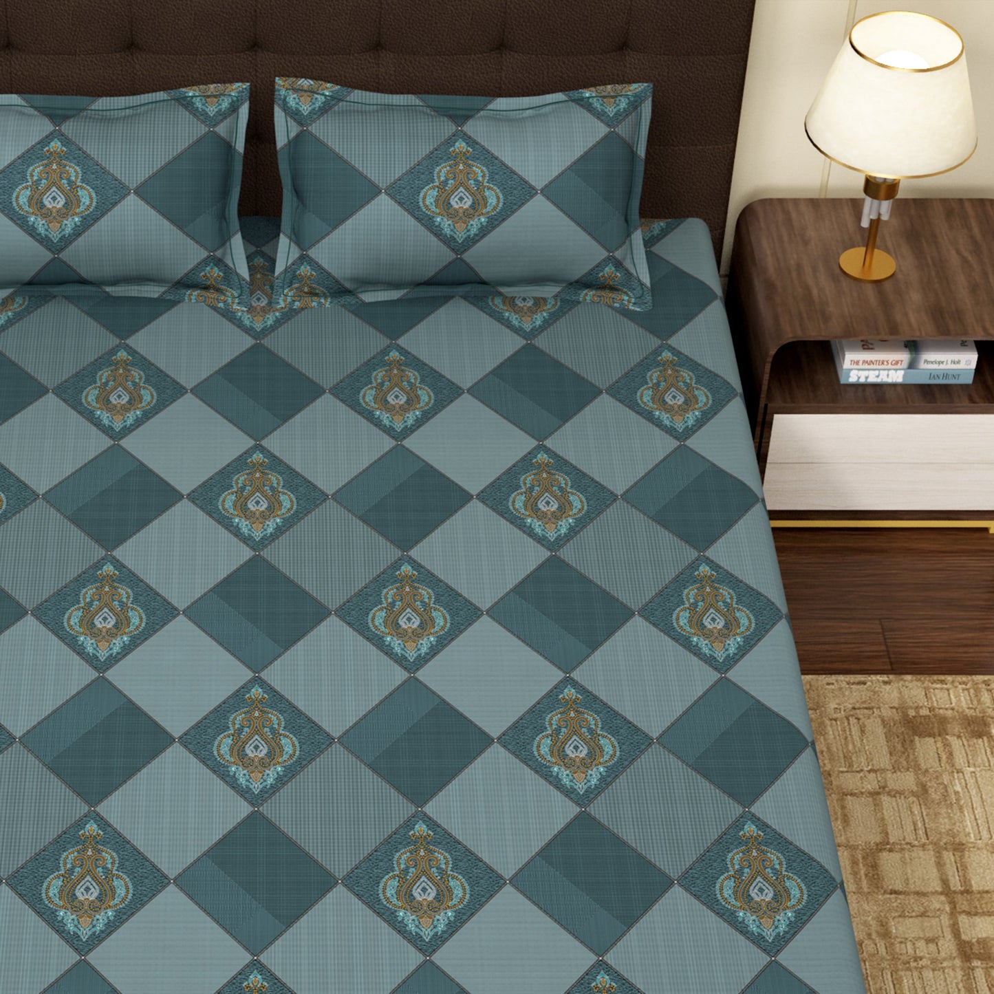 MOLLIS HOMES SUPER KING SIZE BEDSHEET - Motif Damask Pattern, Blue