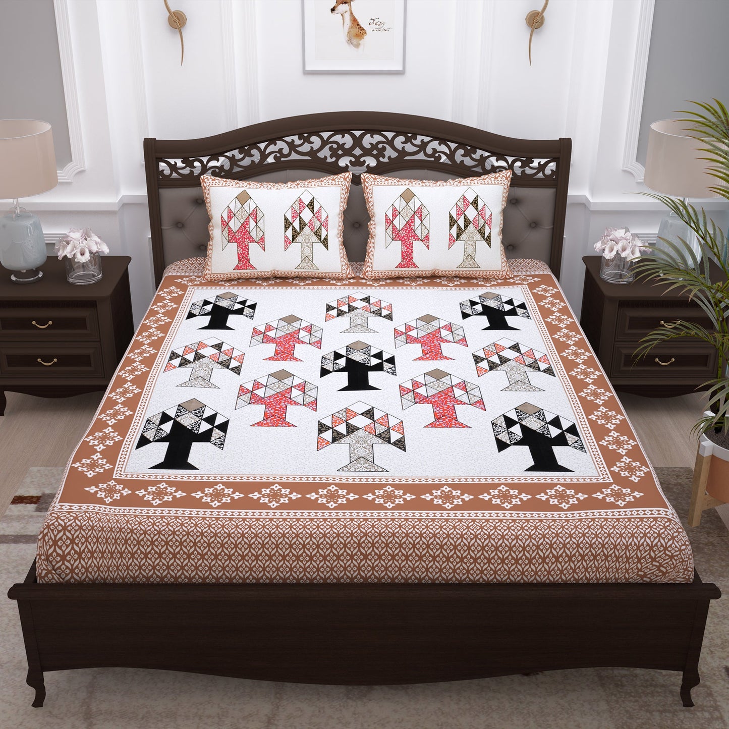 Pandora 152 TC 100 % Cotton White and Light Brown Floral Double King Size Bedsheet