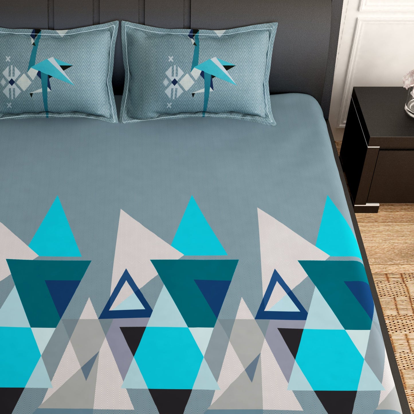 Artini Collection Geometric Pattern King Size Bedsheet - Blue