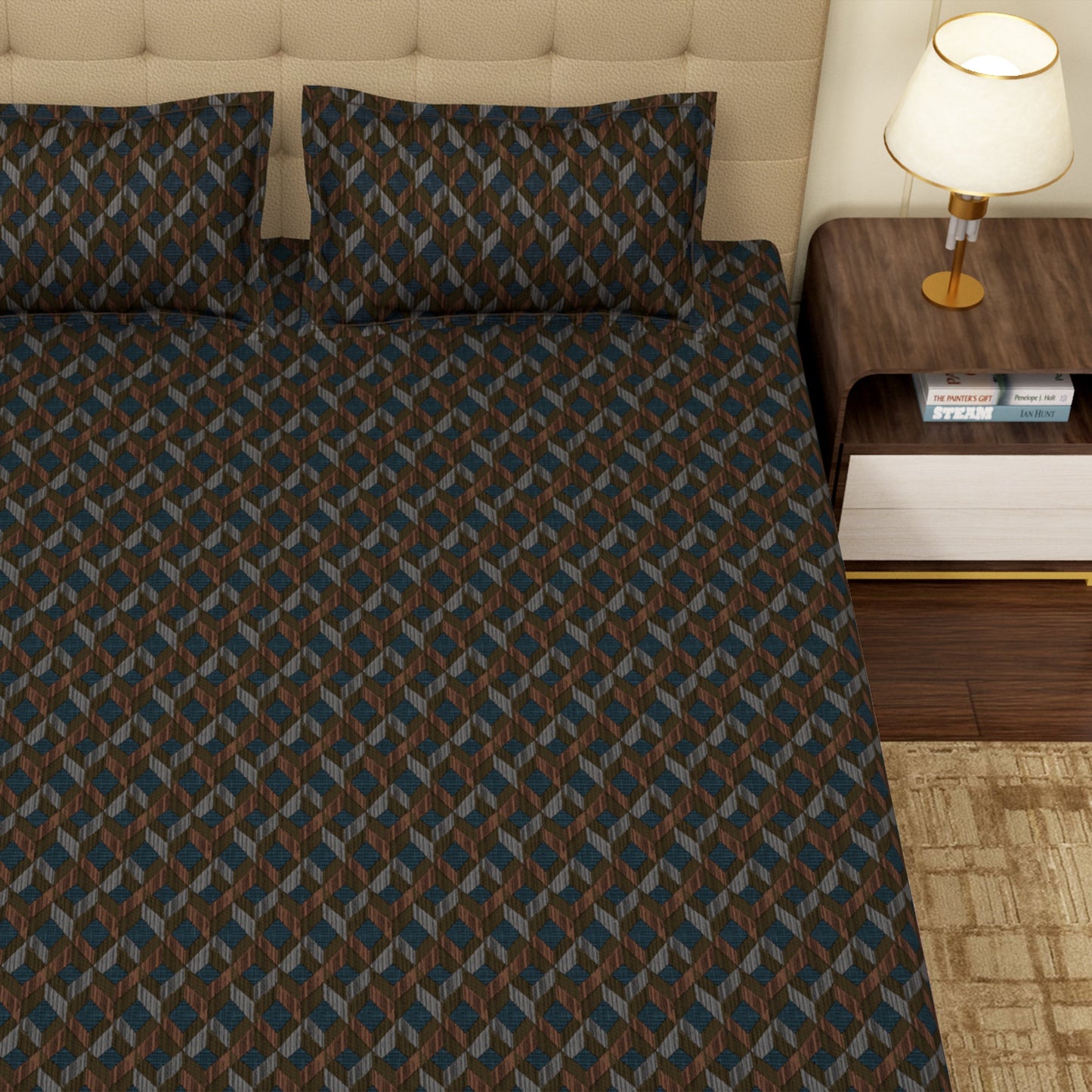 MOLLIS HOMES SUPER KING SIZE BEDSHEET - Lattice Pattern, Cyan