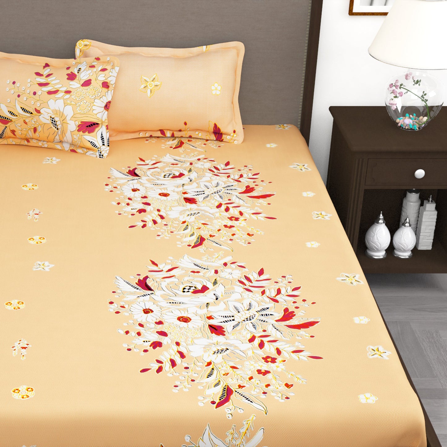 210 TC Light Orange Floral 1 King Size Bedsheet With 2 Pillow Cover