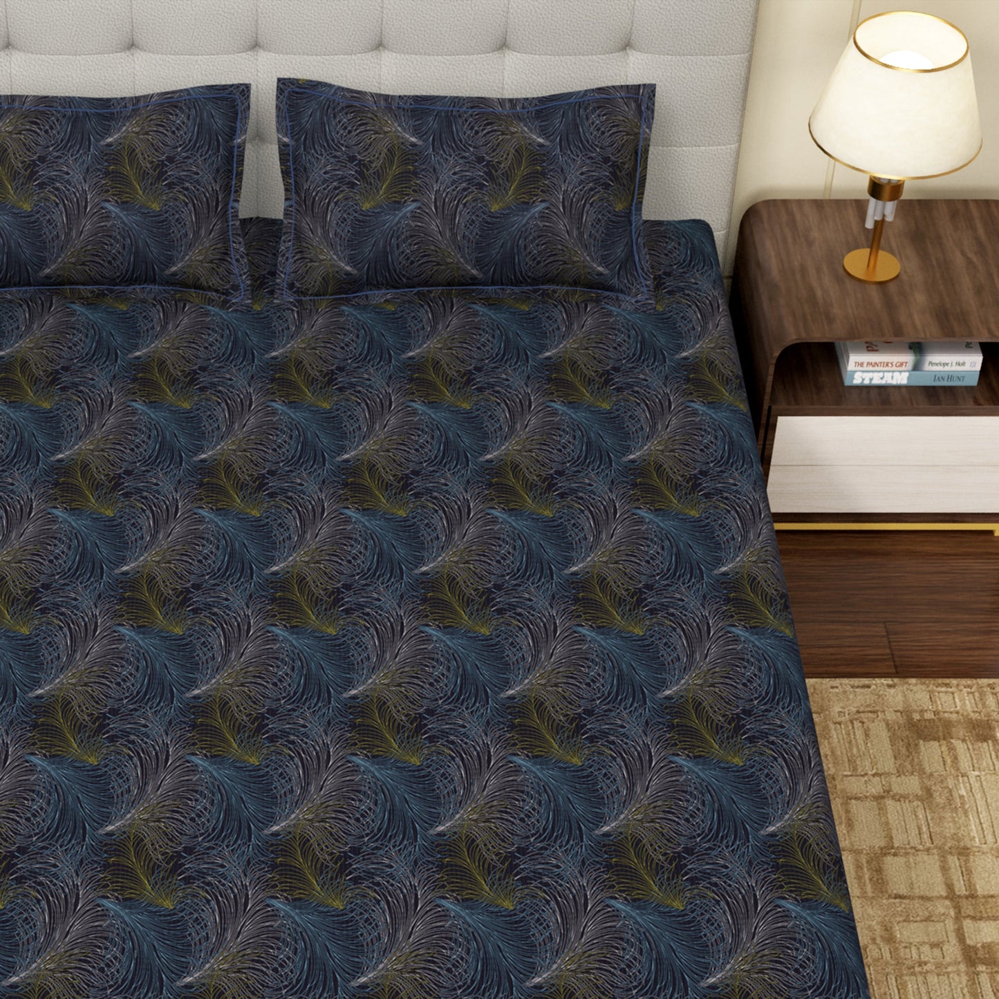 MOLLIS HOMES SUPER KING SIZE BEDSHEET - Navy Blue, Seamless Feather Pattern