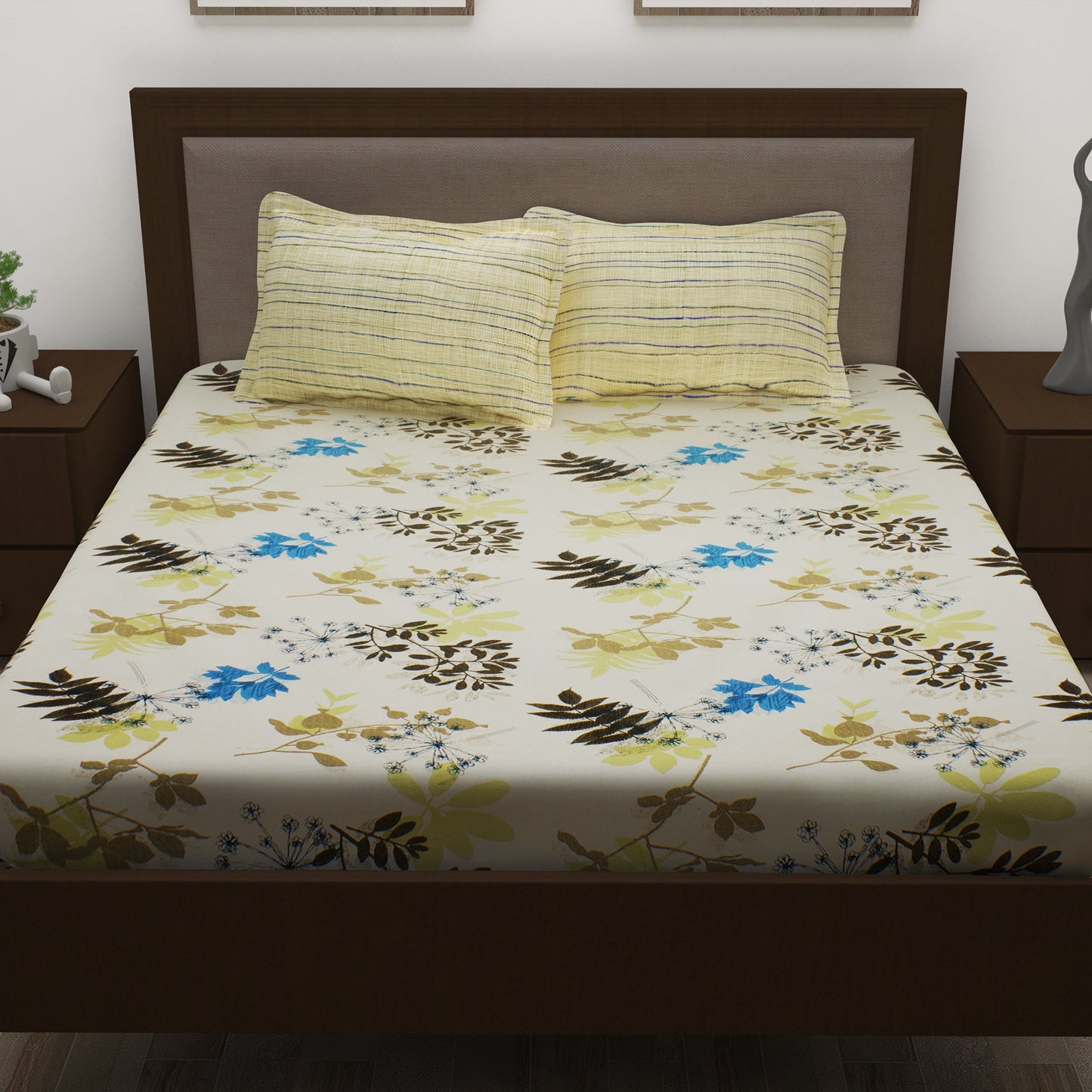 Metro 186 TC Cotton Beige Double Bedsheet with Pillow Covers