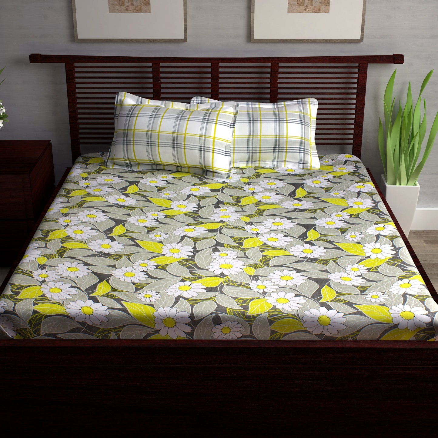 Metro Cotton Double Bedsheets Combo - 186 TC- Grey/Yellow and Grey - Floral