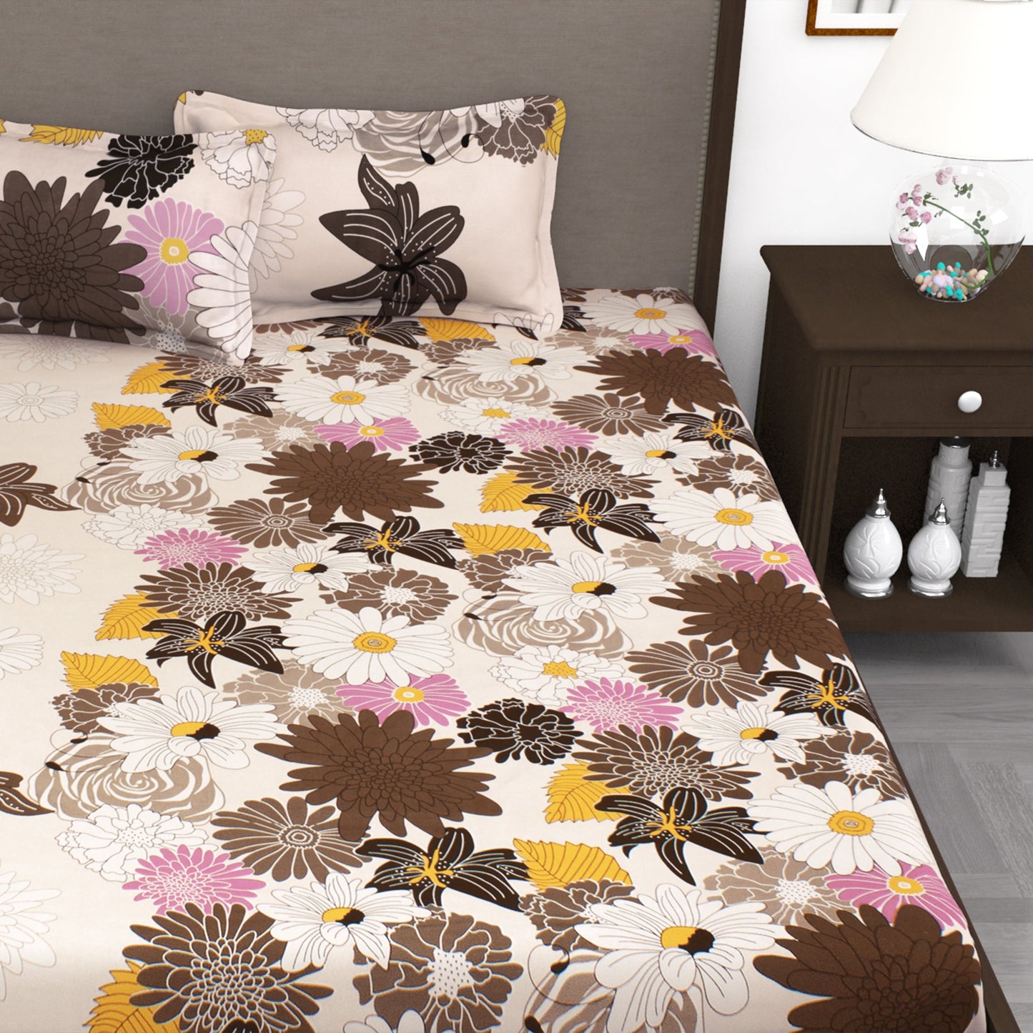 210 TC Light Pink Floral 1 King Size Bedsheet With 2 Pillow Cover