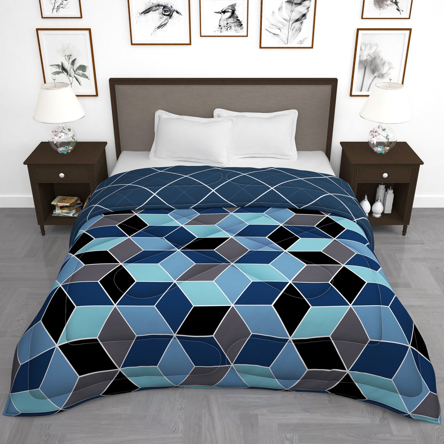 180 GSM Blue Hexagon Microfiber Fusion Reversible Double Comforter