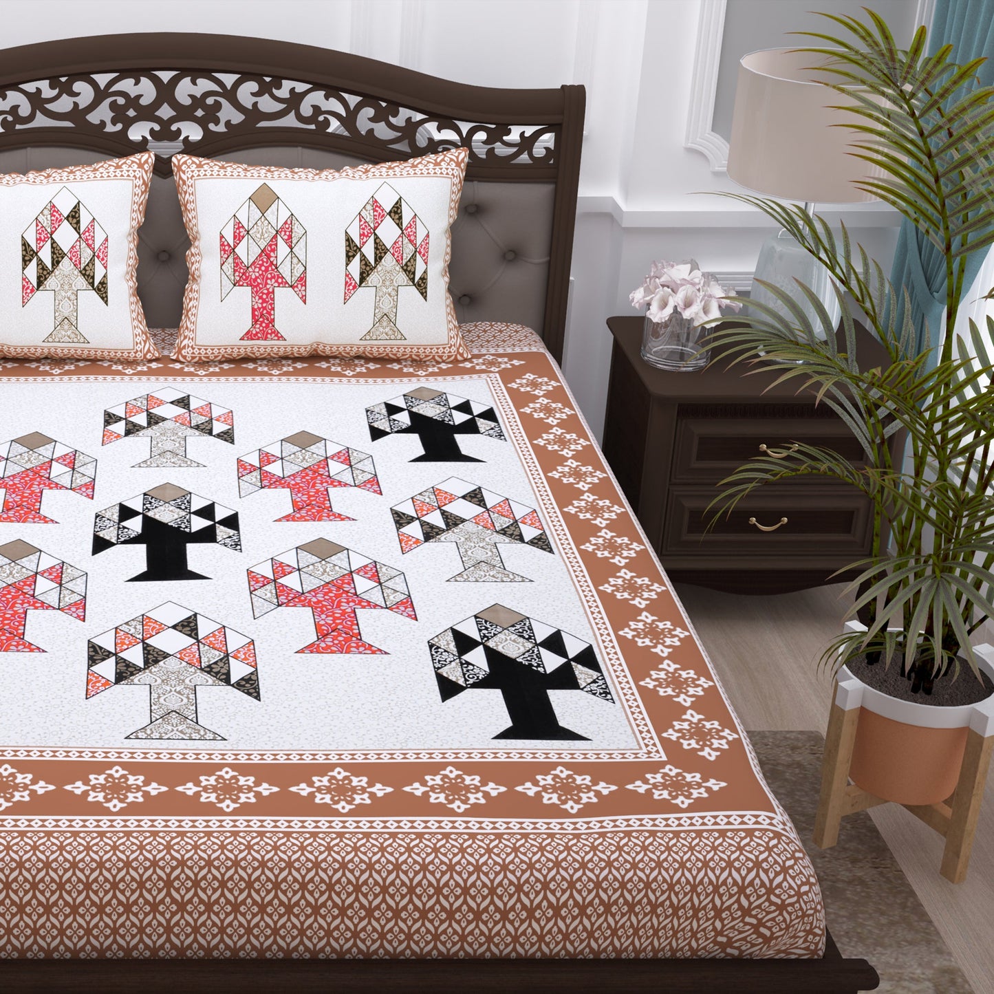 Pandora 152 TC 100 % Cotton White and Light Brown Floral Double King Size Bedsheet
