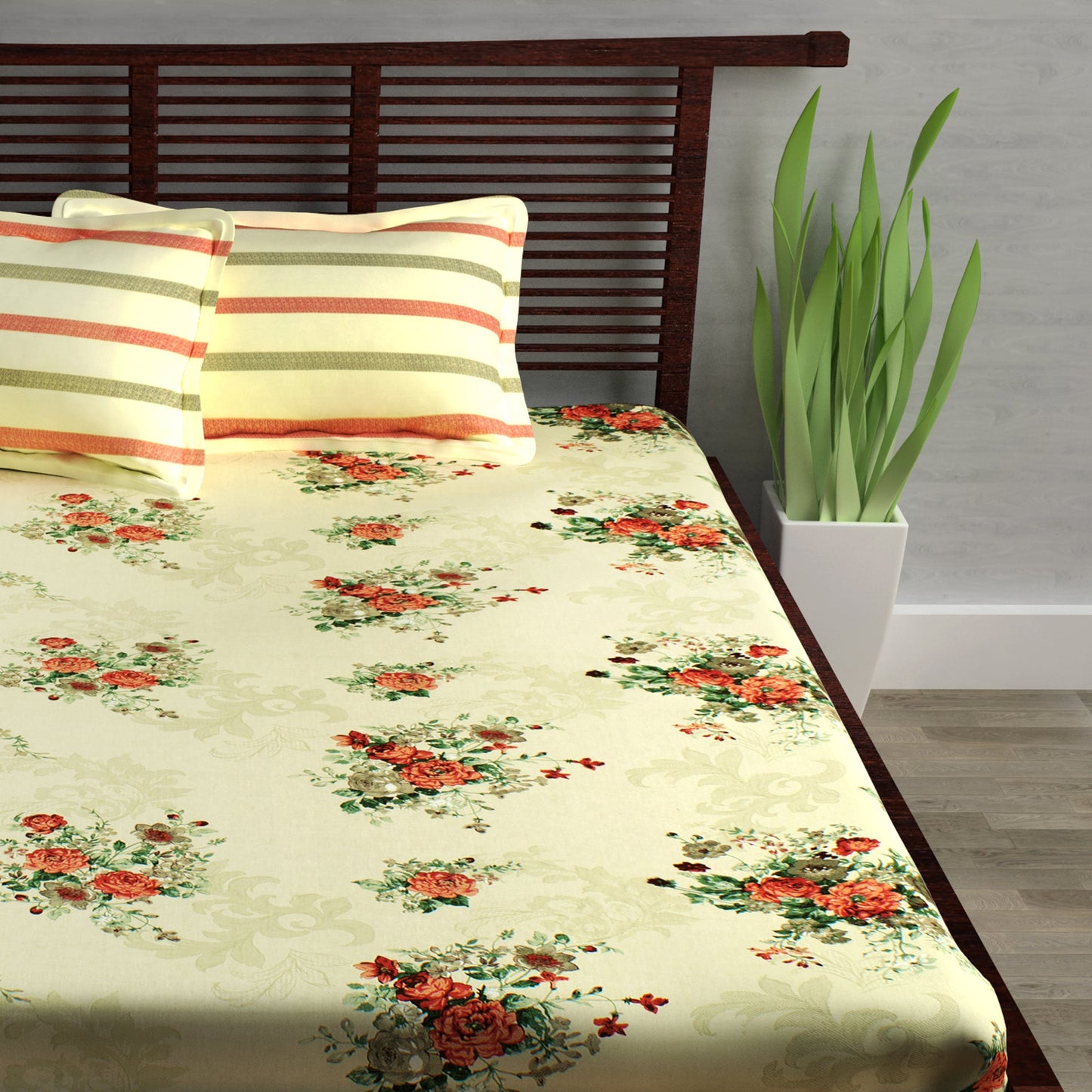 Metro Cotton Double Bedsheets Combo - 186 TC- Grey and Cream/Orange - Floral