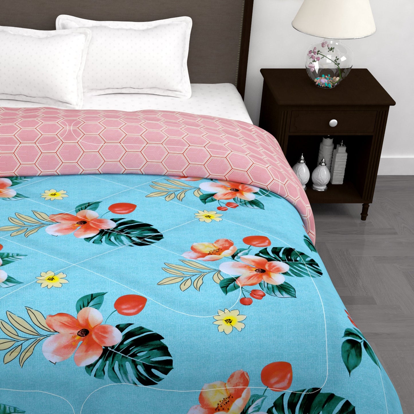 180 GSM Sky Blue Floral Microfiber Fusion Reversible Double Comforter