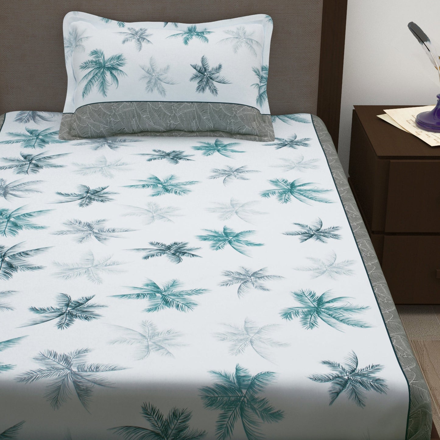 Sparkle 144 TC 100% Cotton White & Teal Single Bedsheet Combo | Set of 2 |