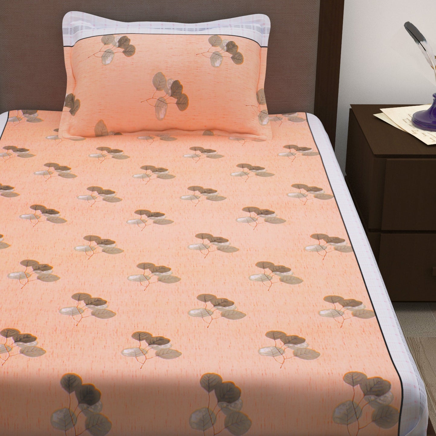 Sparkle 144 TC 100% Cotton Peach & Brown Single Bedsheet Combo | Set of 2 |